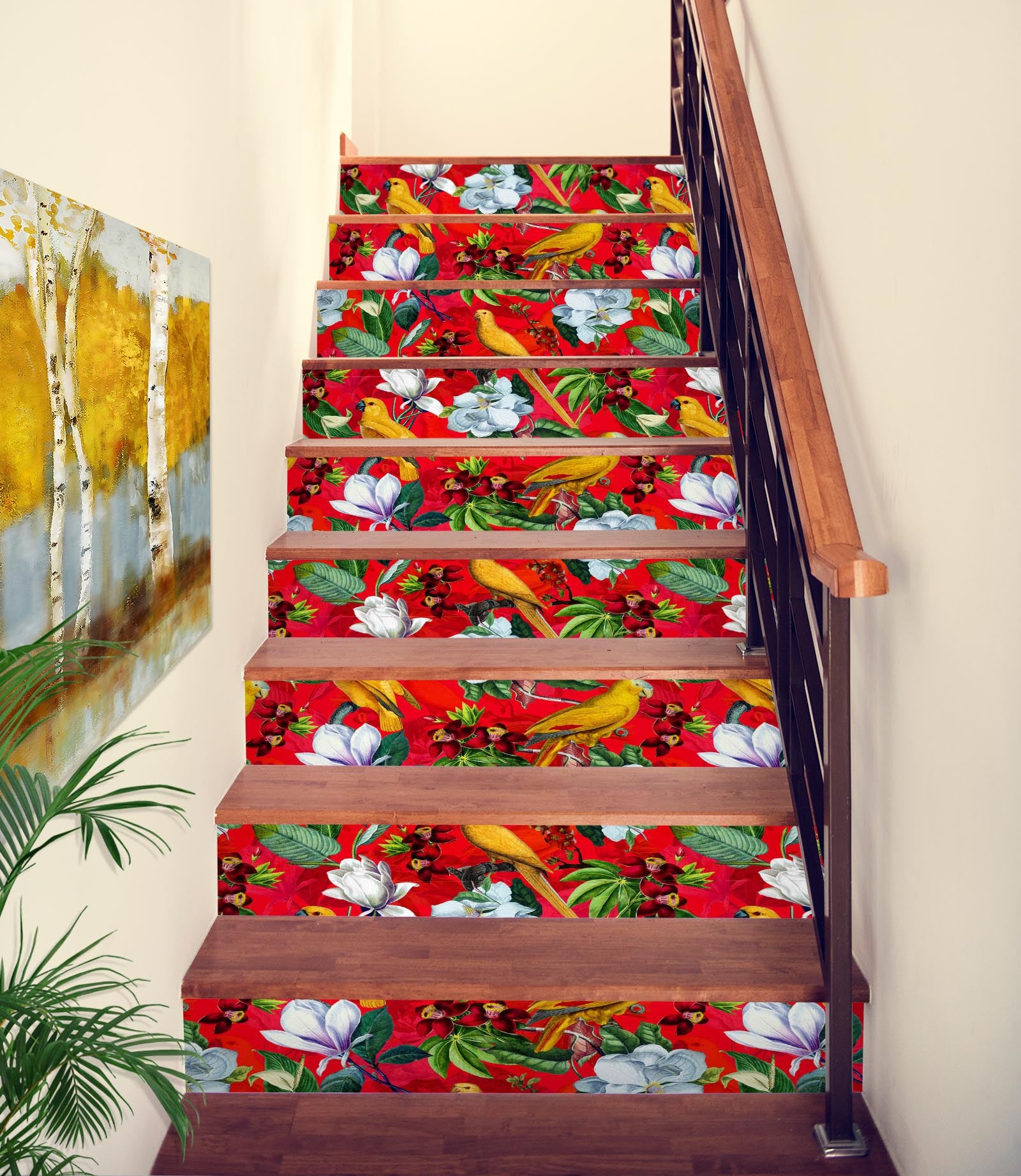 3D Red Bottom Yellow Bird White Flower 10414 Uta Naumann Stair Risers
