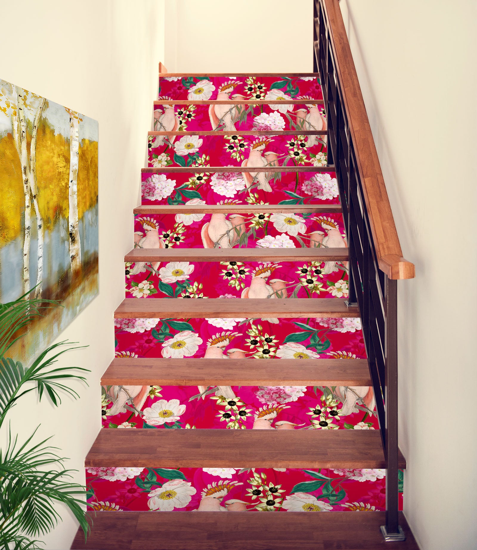 3D Red Bottom Pink Flower Bird 10401 Uta Naumann Stair Risers