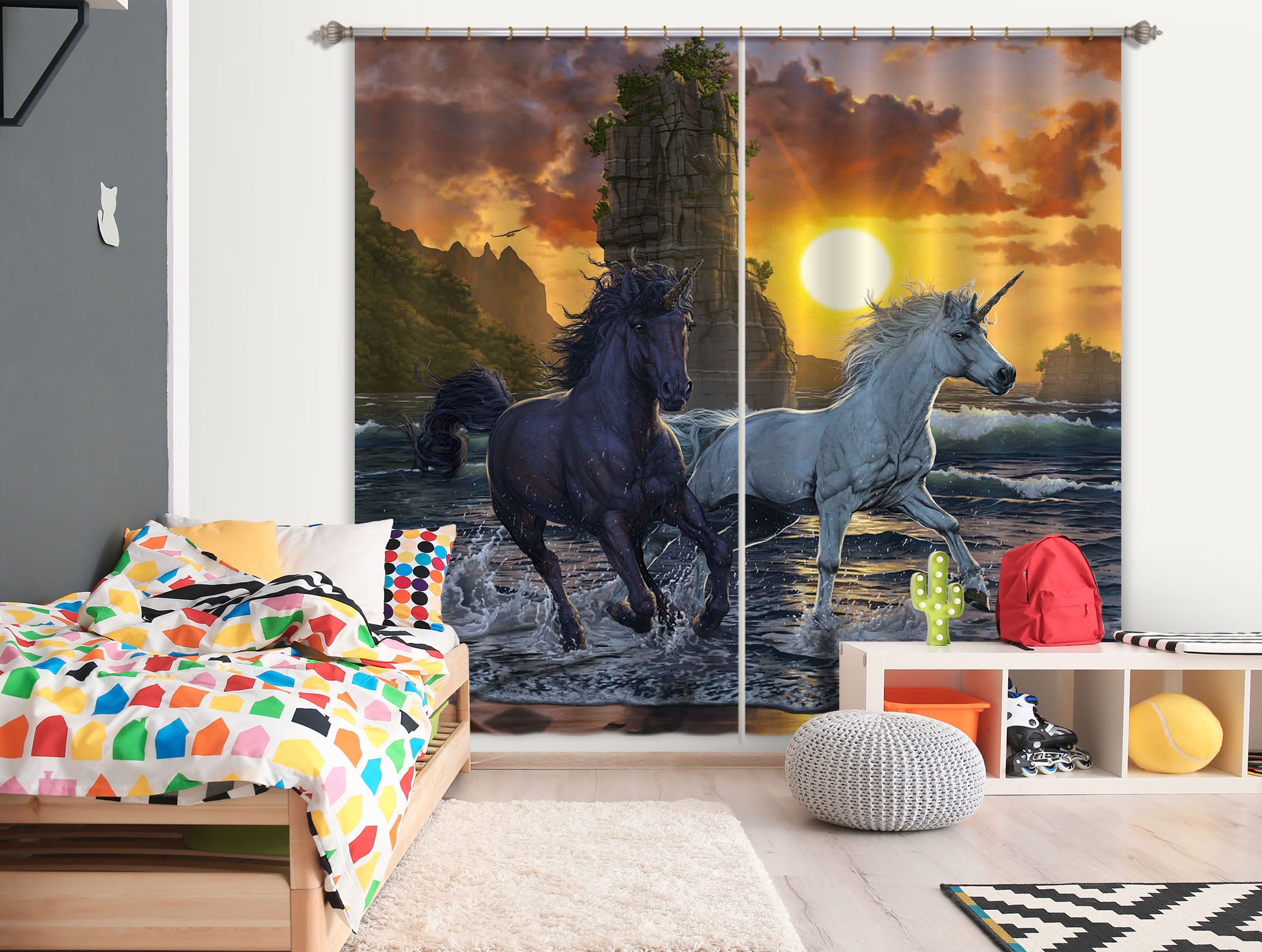 3D Unicorns In Sunset 088 Vincent Hie Curtain Curtains Drapes