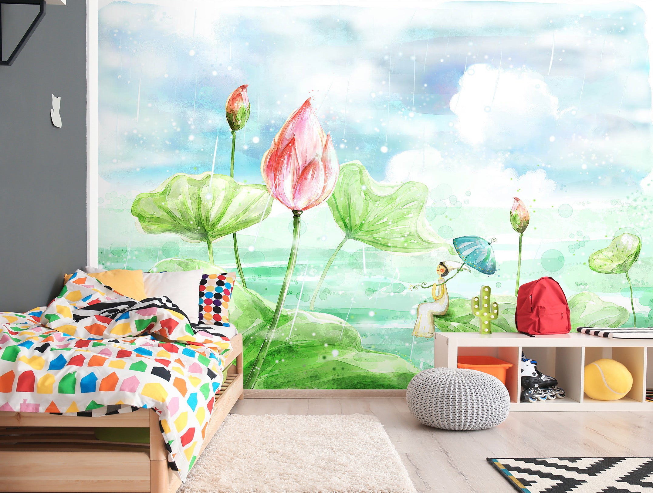 3D Green Lotus Watercolor 013 Wall Murals