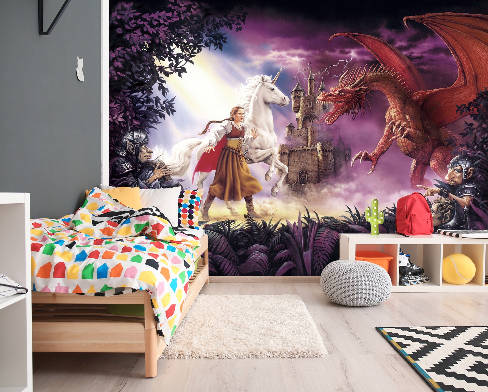 3D Castle White Unicorn Red Dragon 7049 Ciruelo Wall Mural Wall Murals