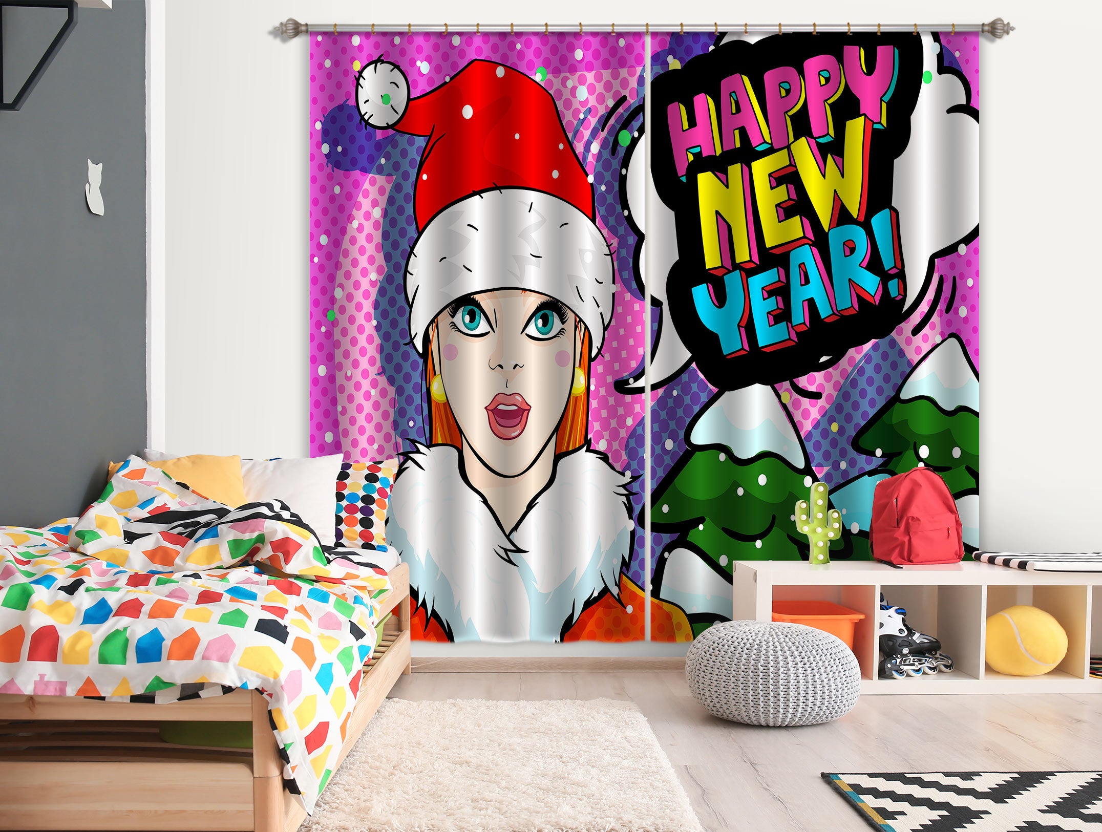 3D Christmas Tree Girl 057 Curtains Drapes