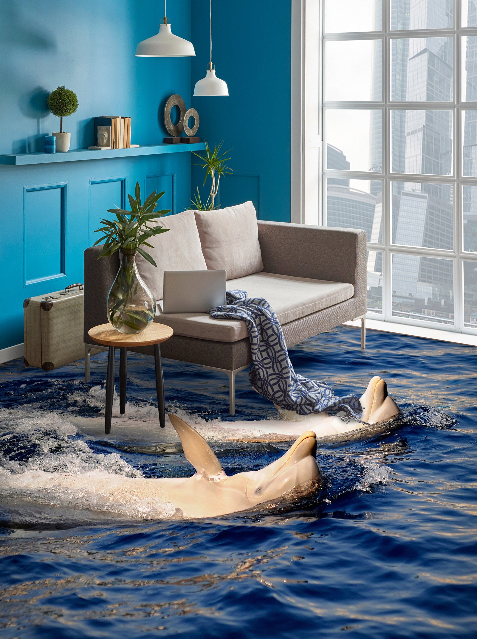 3D Leisurely Dolphins 1211 Floor Mural Wallpaper Murals Self-Adhesive Removable Print Epoxy