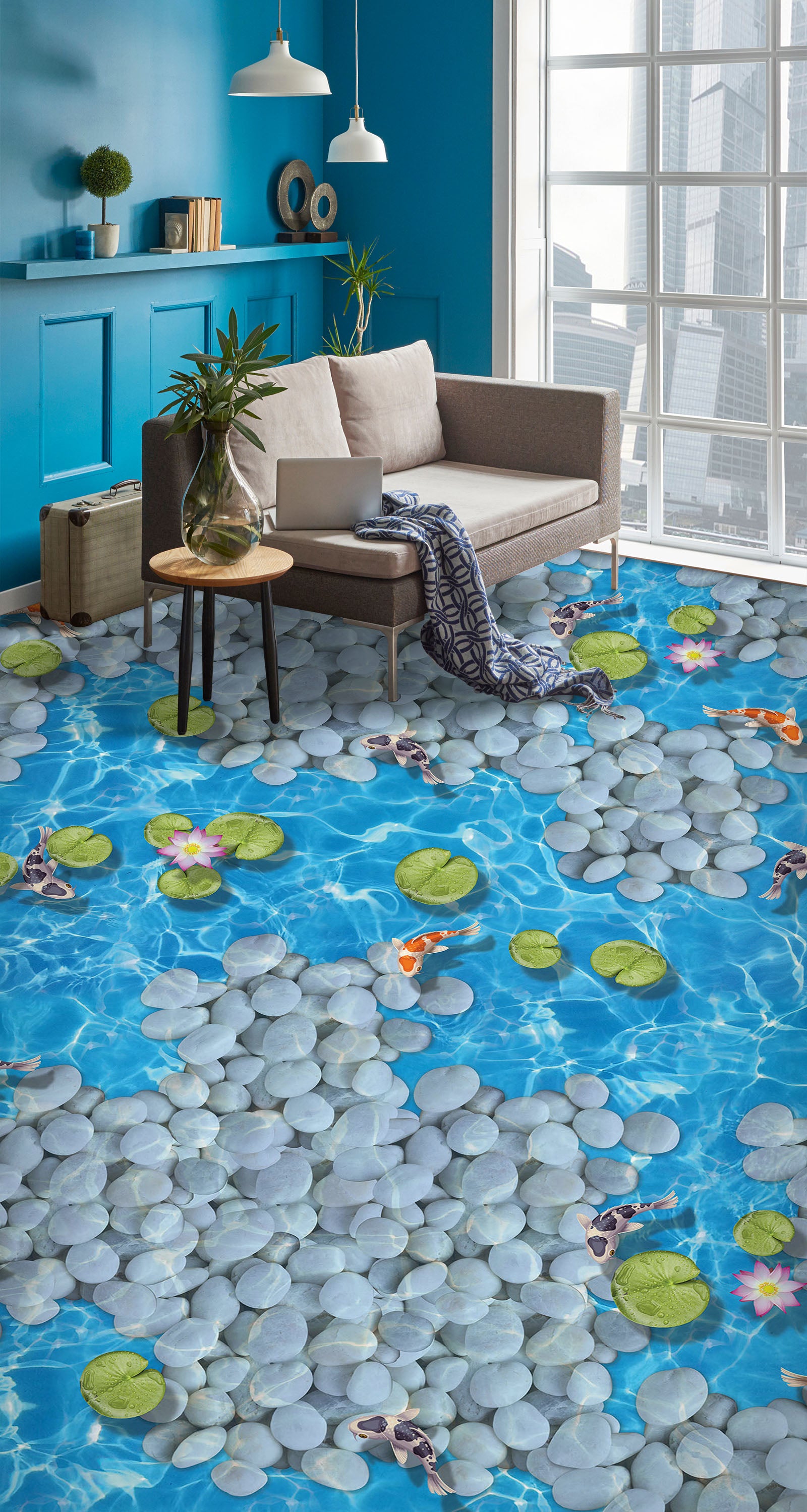 3D Duckweed And White Pebbles 294 Floor Mural