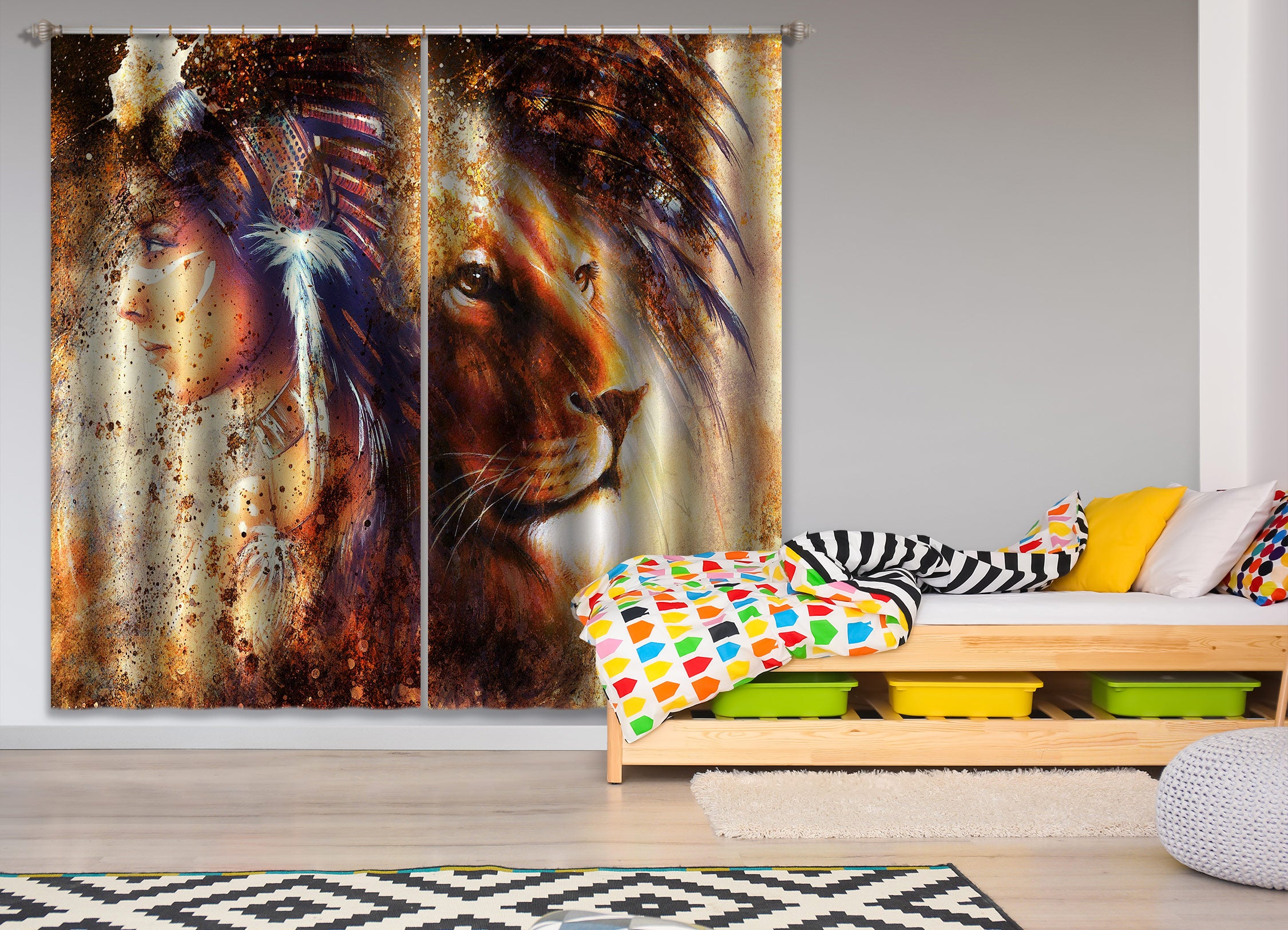 3D Lion Girl 027 Curtains Drapes