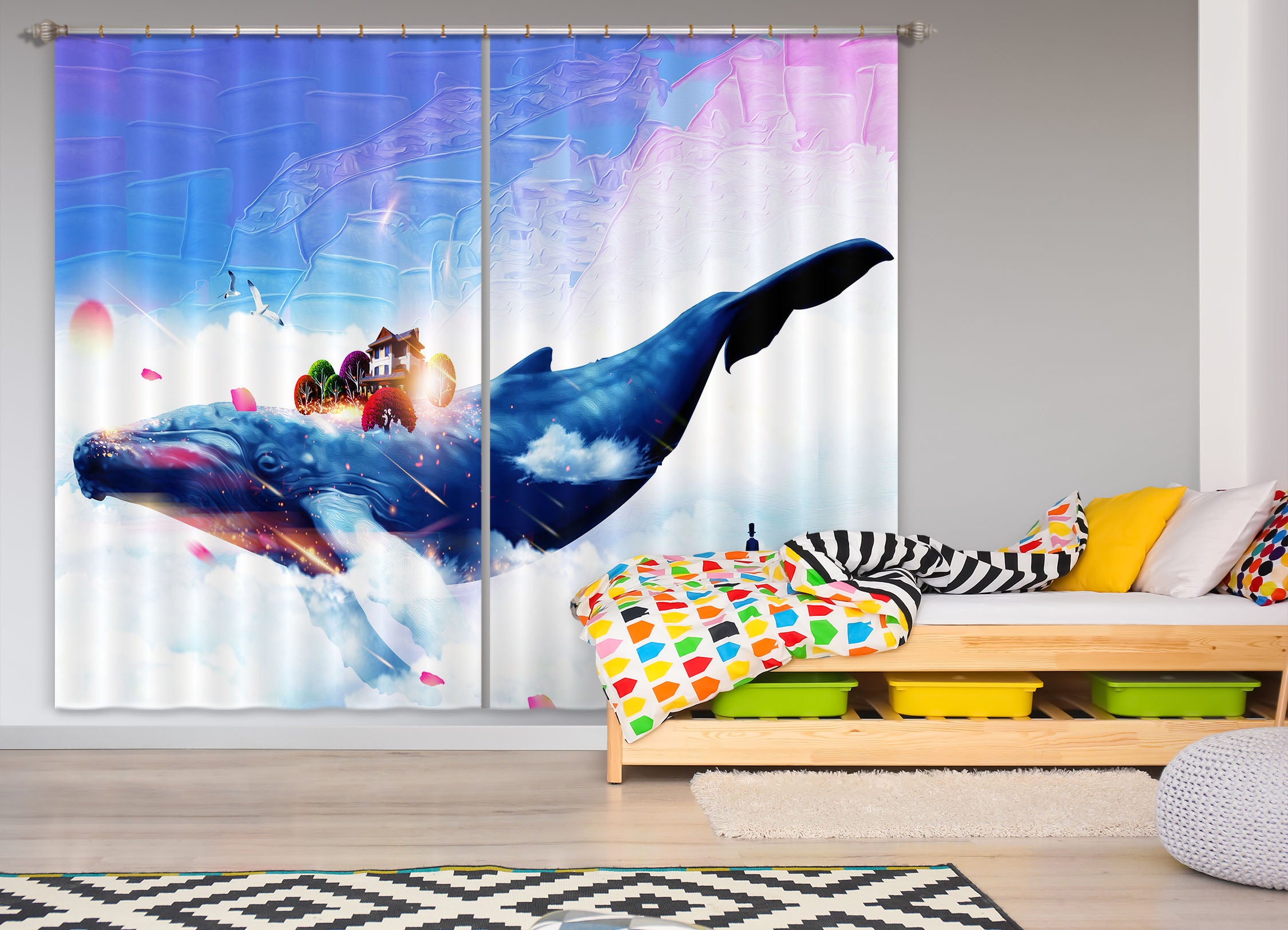 3D Blue Whale 729 Curtains Drapes