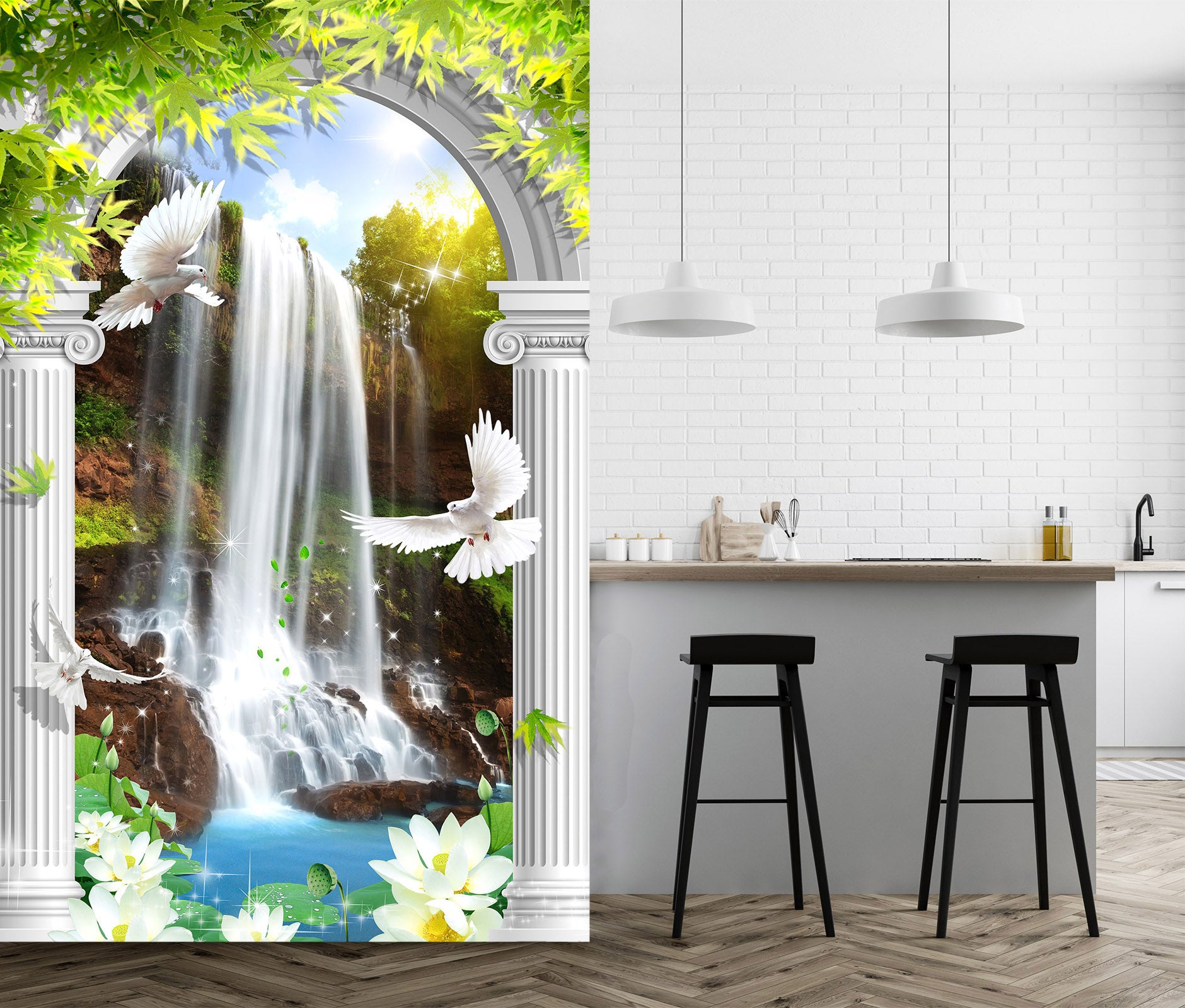 3D Forest Waterfall 1880 Wall Murals