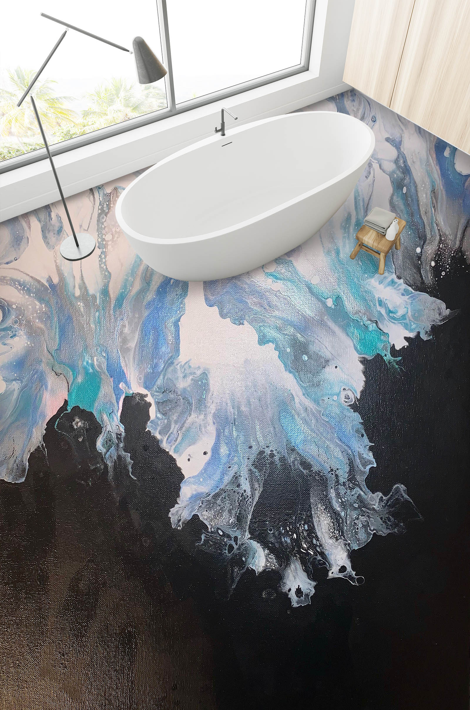 3D Light Blue Black Pattern 98198 Valerie Latrice Floor Mural Wallpaper Murals Self-Adhesive Removable Print Epoxy