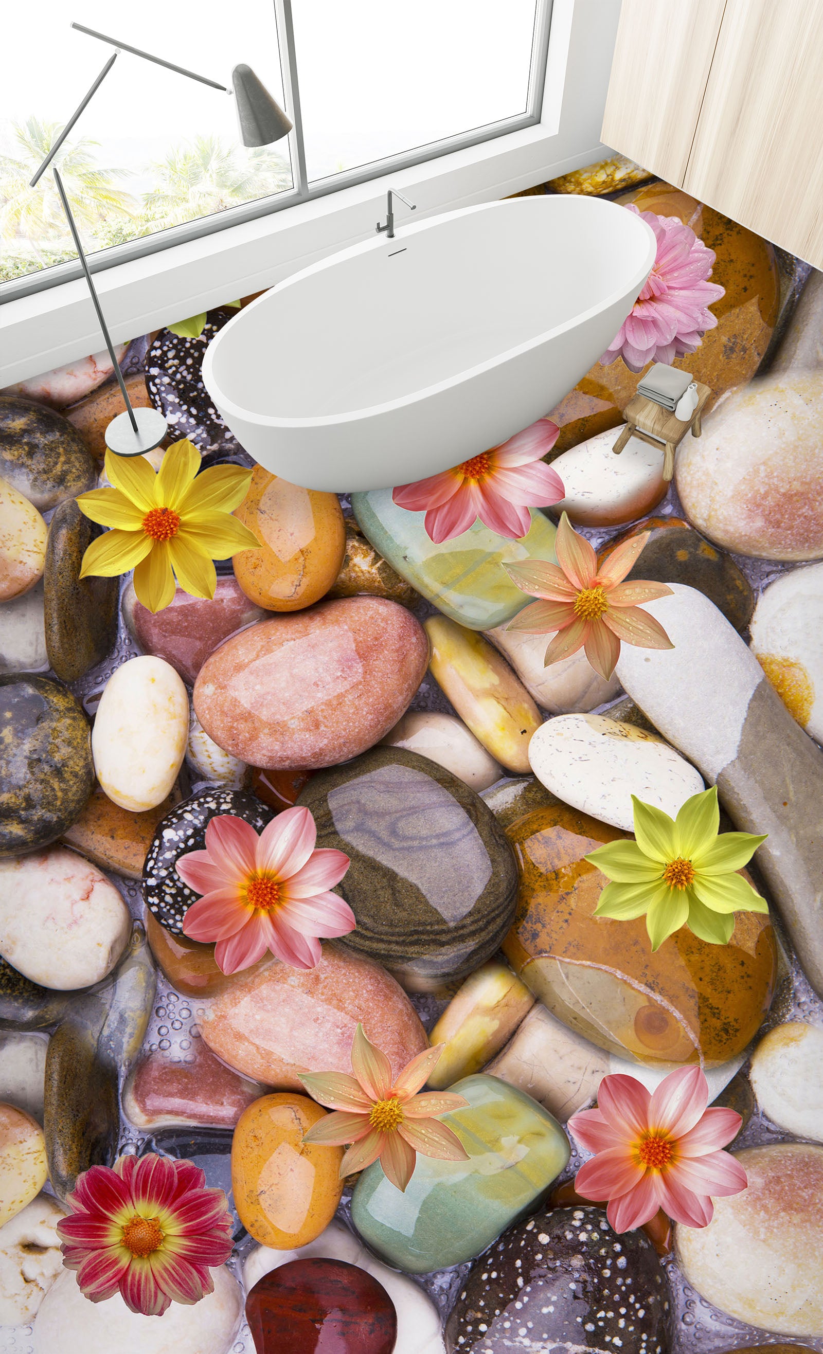 3D Colored Stones And Flowers 285 Floor Mural Wallpaper Murals Rug & Mat Print Epoxy waterproof bath floor
