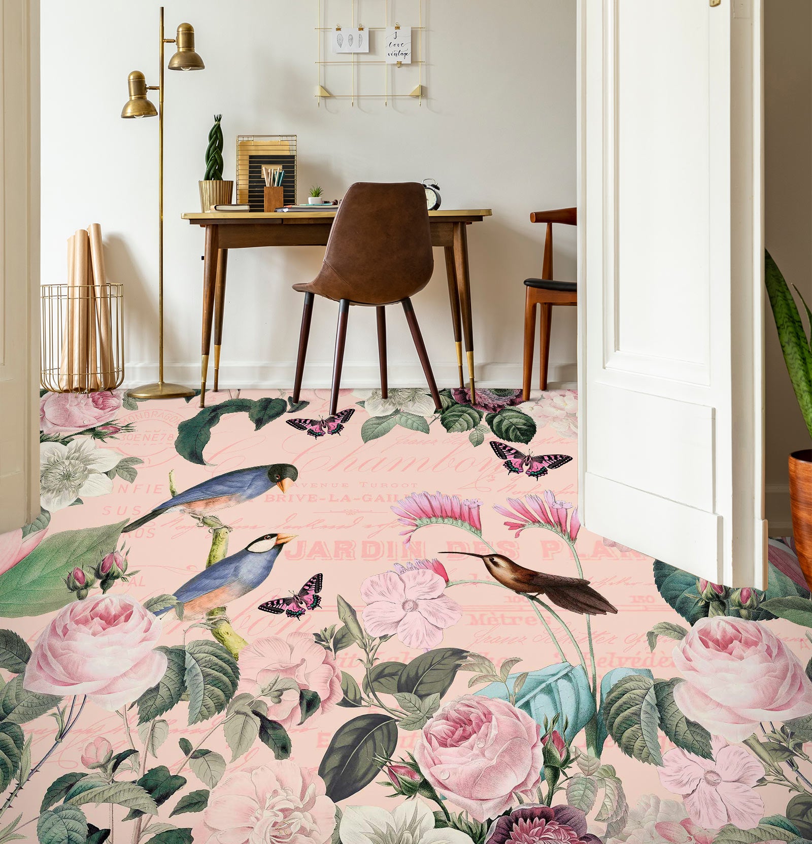 3D Pink Flower Bird Butterfly 10045 Andrea Haase Floor Mural Wallpaper Murals Self-Adhesive Removable Print Epoxy