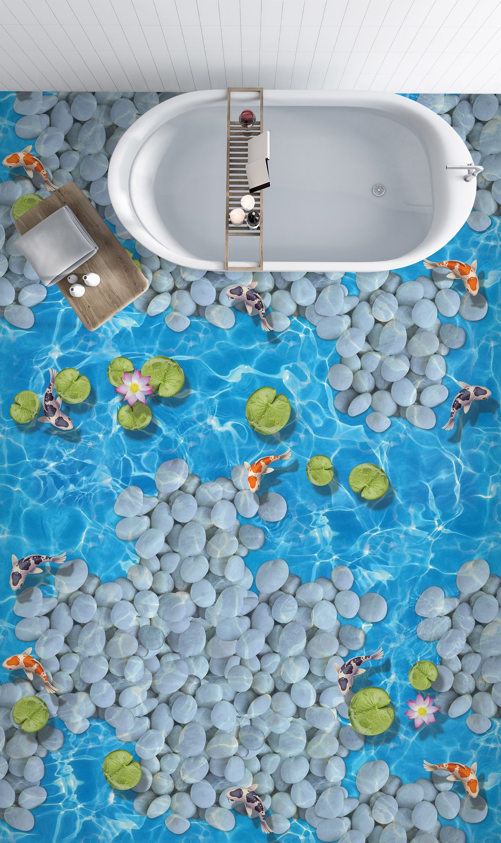 3D Duckweed And White Pebbles 294 Floor Mural