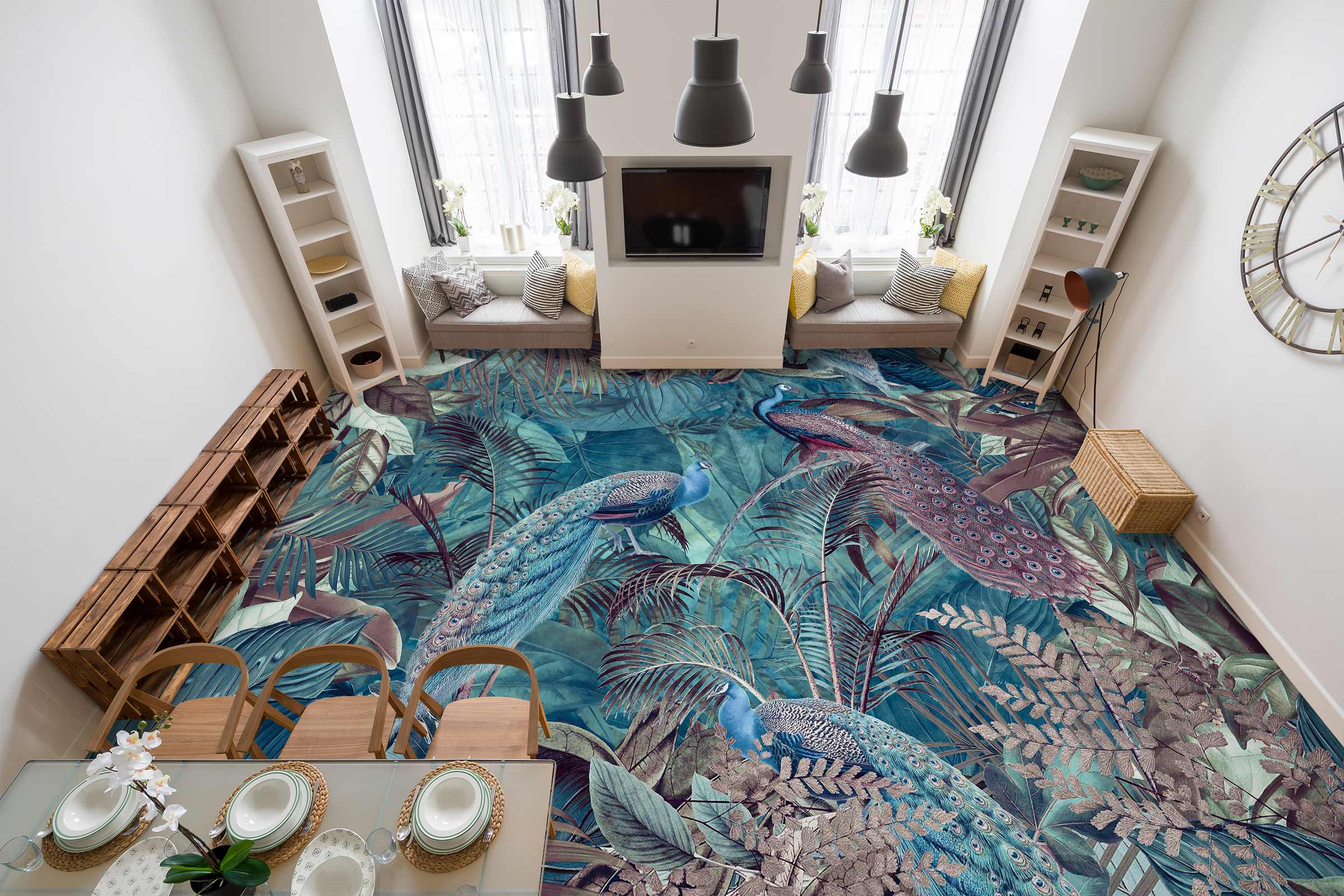 3D Jungle Peacock Leaves 10040 Andrea Haase Floor Mural Wallpaper Murals Self-Adhesive Removable Print Epoxy