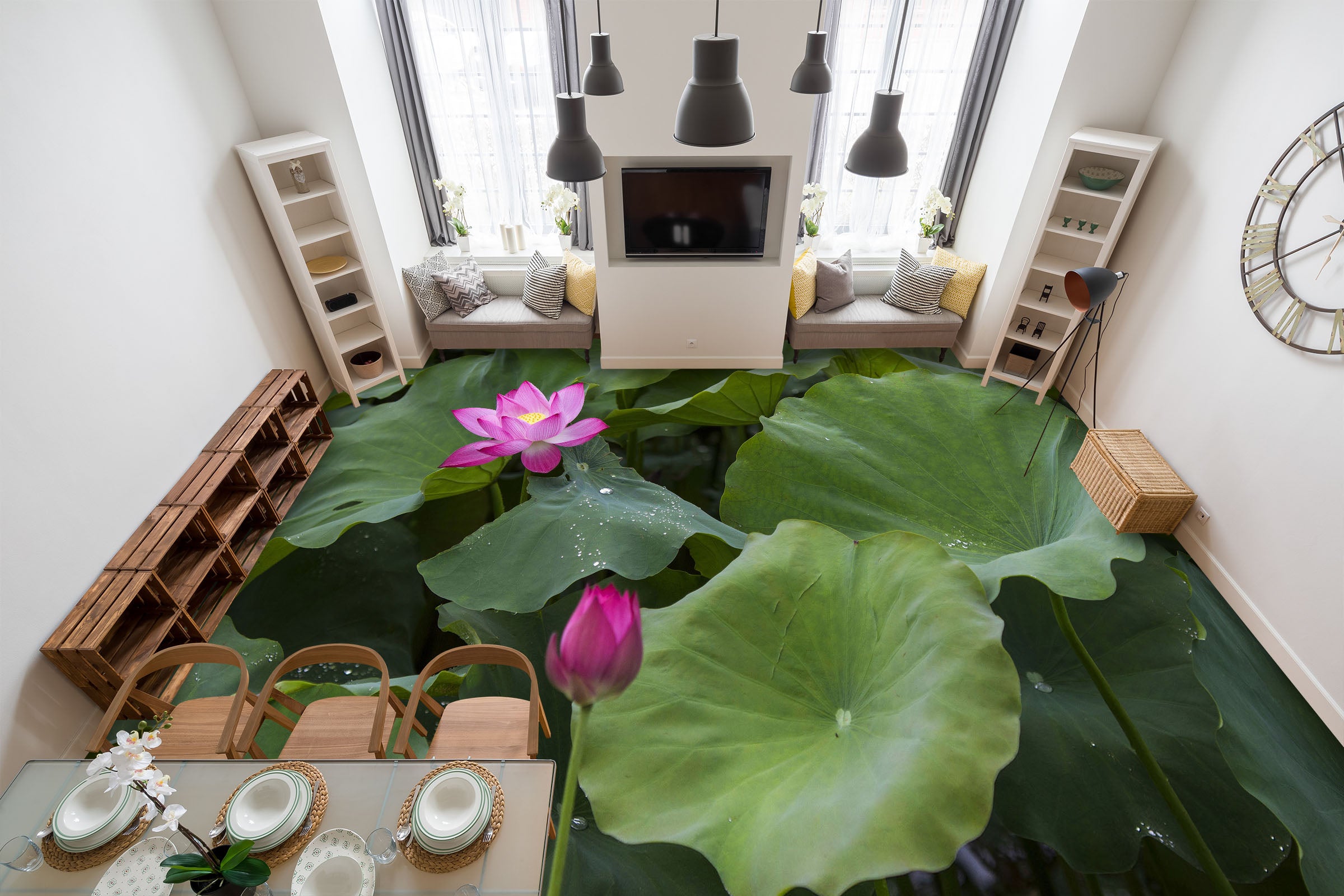 3D Deep Pink Lotus 1507 Floor Mural Wallpaper Murals Self-Adhesive Removable Print Epoxy