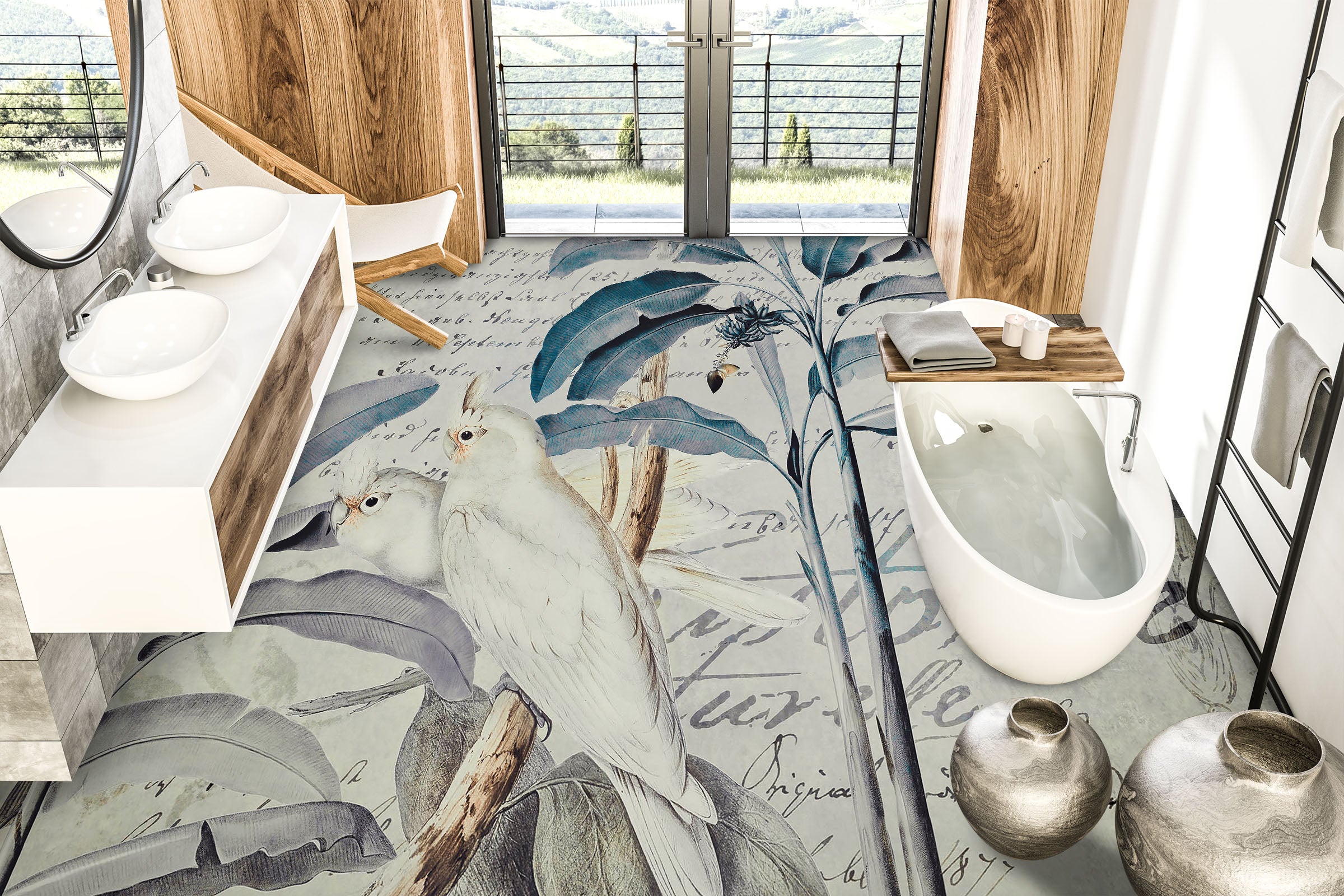 3D Leaves White Parrot 104161 Andrea Haase Floor Mural Wallpaper Murals Self-Adhesive Removable Print Epoxy