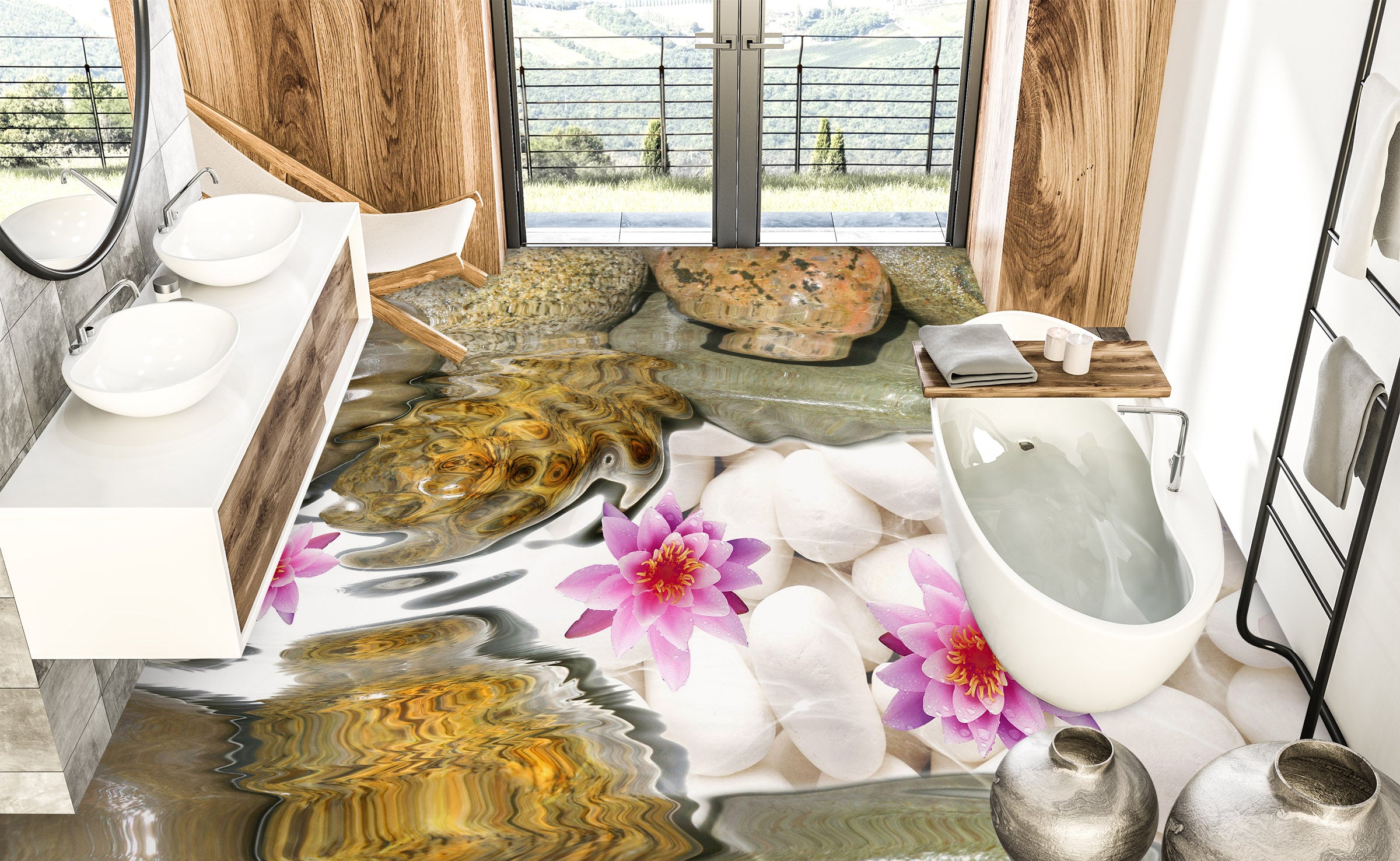 3D Pink Lotus And White Pebbles 222 Floor Mural Wallpaper Murals Rug & Mat Print Epoxy waterproof bath floor