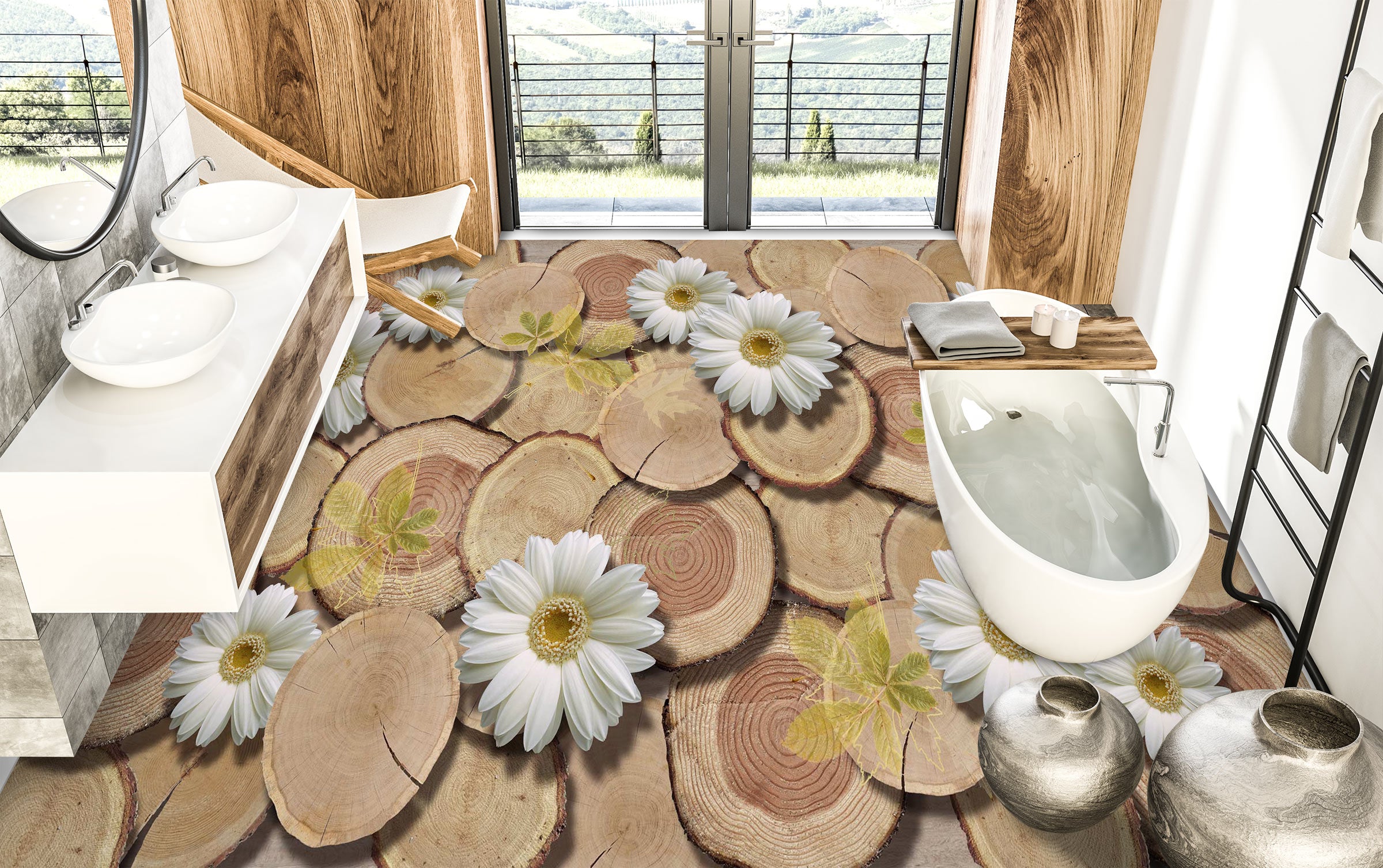 3D Tree Stump And Daisies 421 Floor Mural