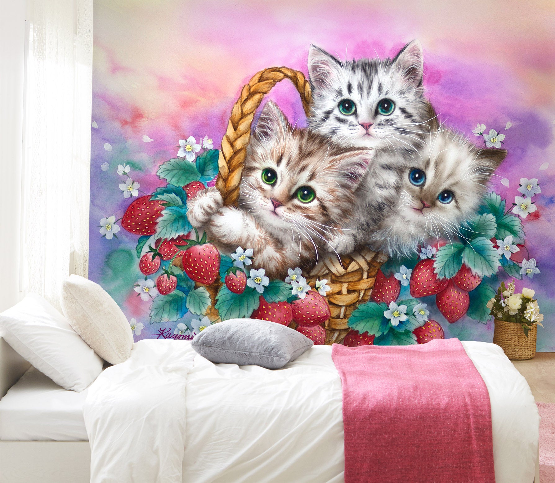 3D Strawberry Cat 5435 Kayomi Harai Wall Mural Wall Murals