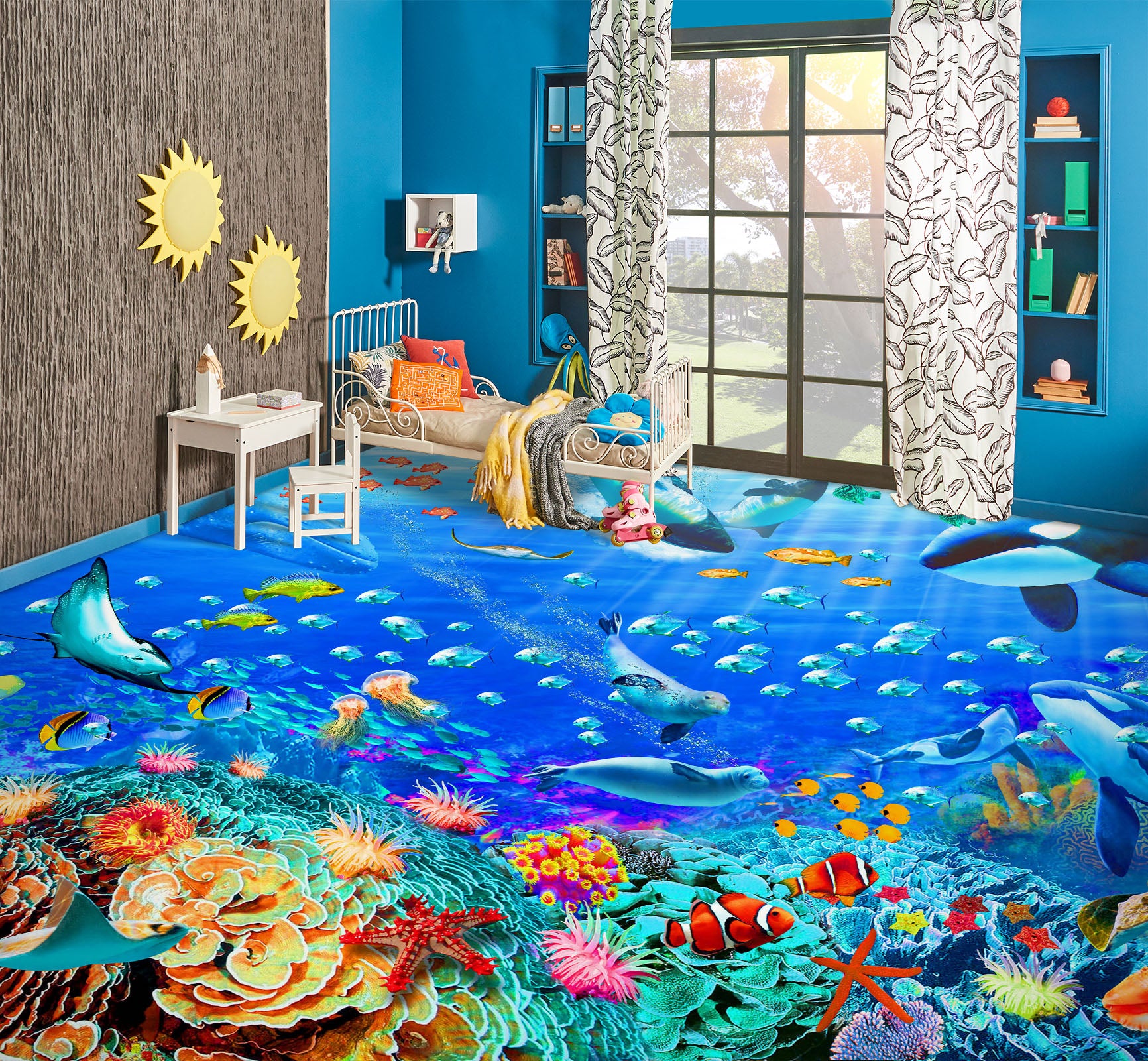 3D Sea Whale Seal Fish Coral 96212 Adrian Chesterman Floor Mural Wallpaper Murals Self-Adhesive Removable Print Epoxy