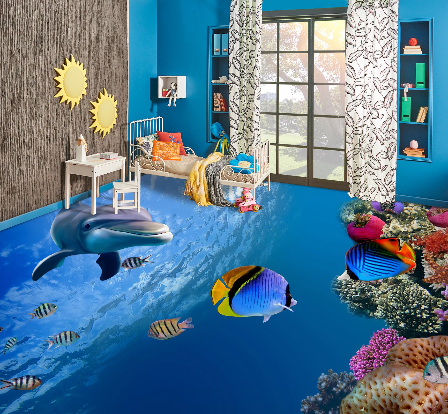 3D Friendly Dolphin 1329 Floor Mural Wallpaper Murals Self-Adhesive Removable Print Epoxy