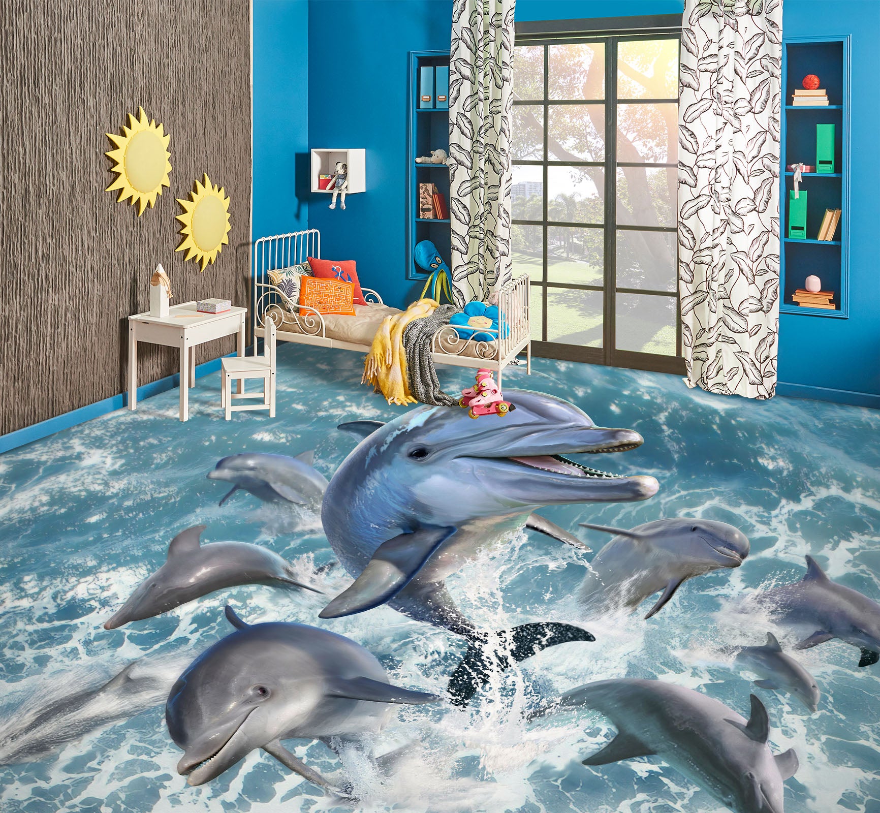 3D Dolphin Jumping Waves 96218 Jerry LoFaro Floor Mural Wallpaper Murals Self-Adhesive Removable Print Epoxy