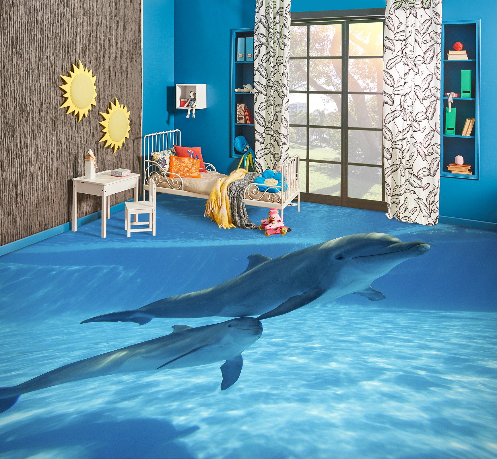 3D Graceful Dolphins 1335 Floor Mural Wallpaper Murals Self-Adhesive Removable Print Epoxy