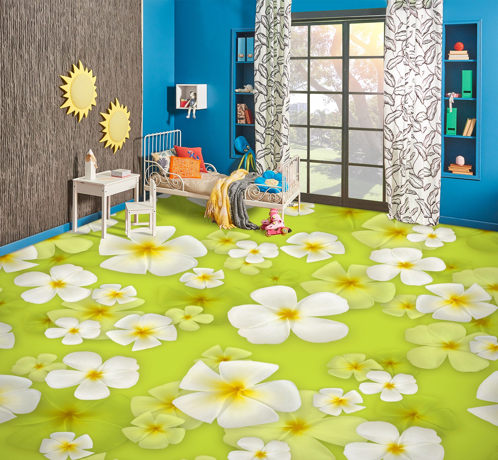 3D Summer White Flowers 1353 Floor Mural Wallpaper Murals Self-Adhesive Removable Print Epoxy
