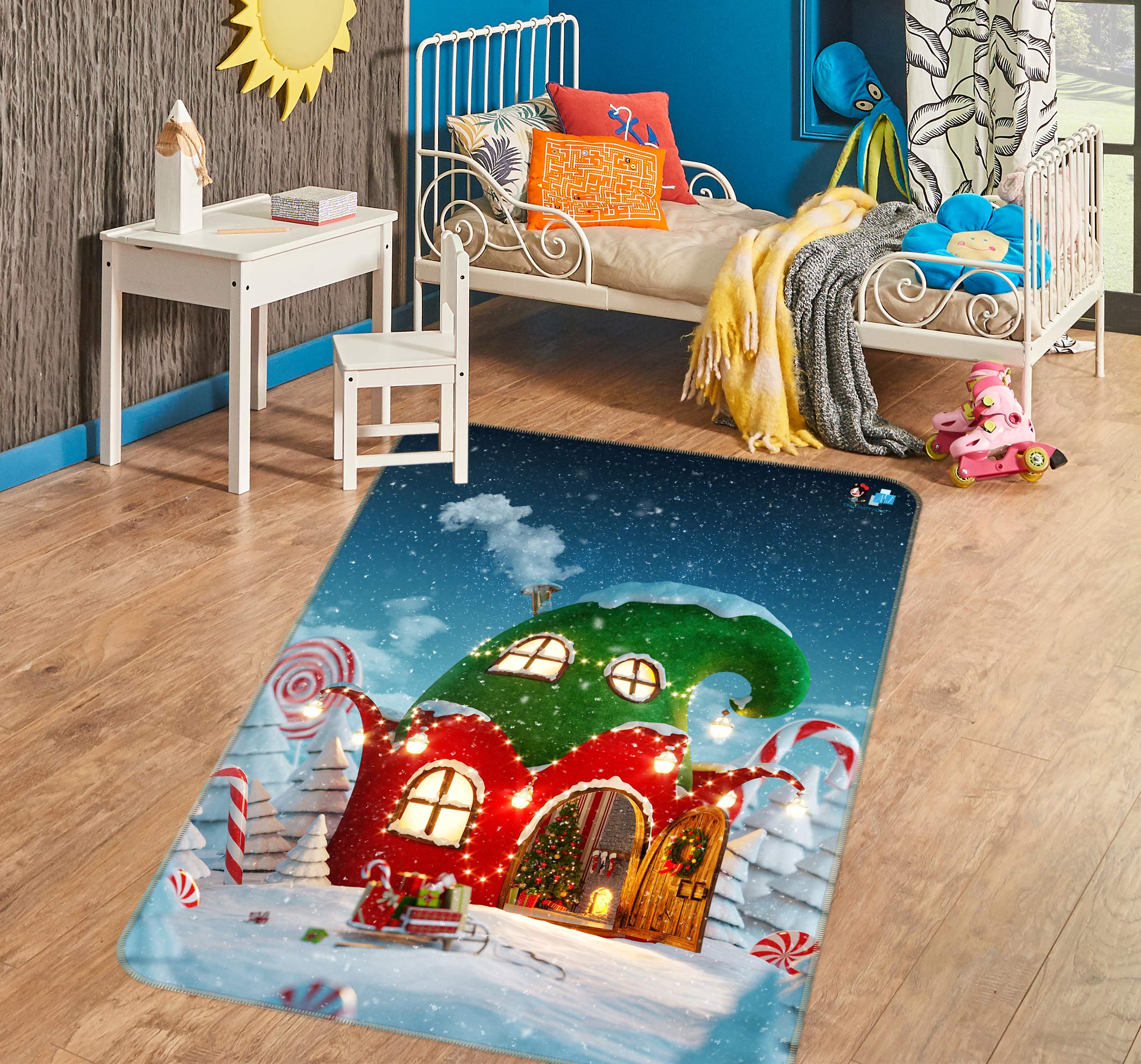 3D Green Red Cabin 56191 Christmas Non Slip Rug Mat Xmas