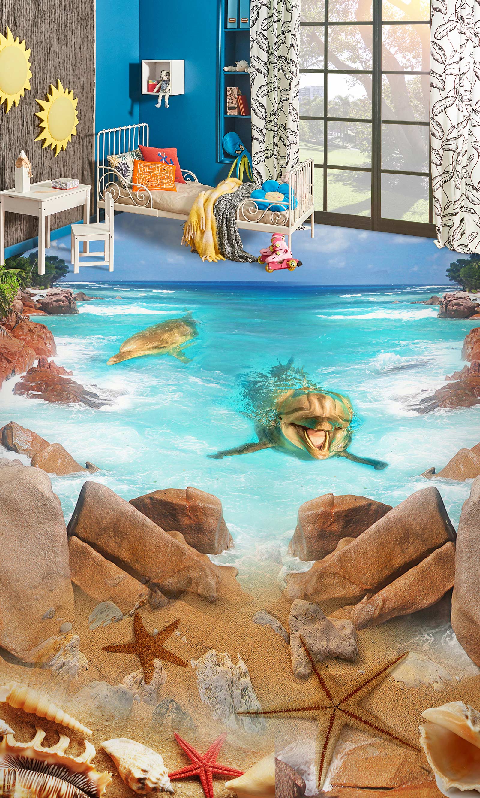 3D Sunshine Dolphins 182 Floor Mural Wallpaper Murals Rug & Mat Print Epoxy waterproof bath floor