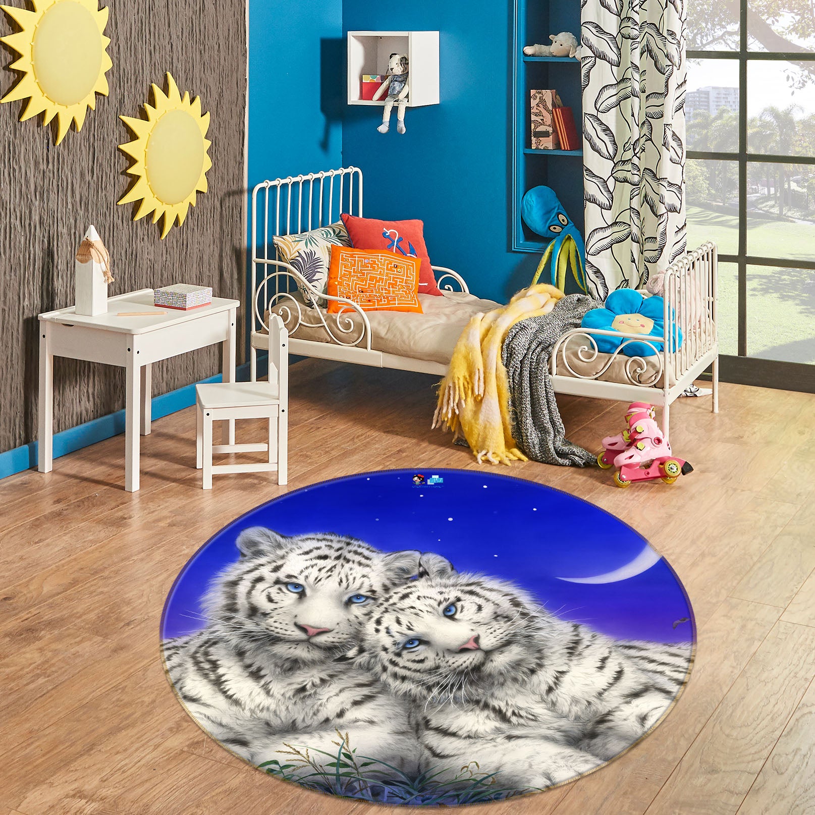 3D White Tiger Moon 6063 Kayomi Harai Rug Round Non Slip Rug Mat