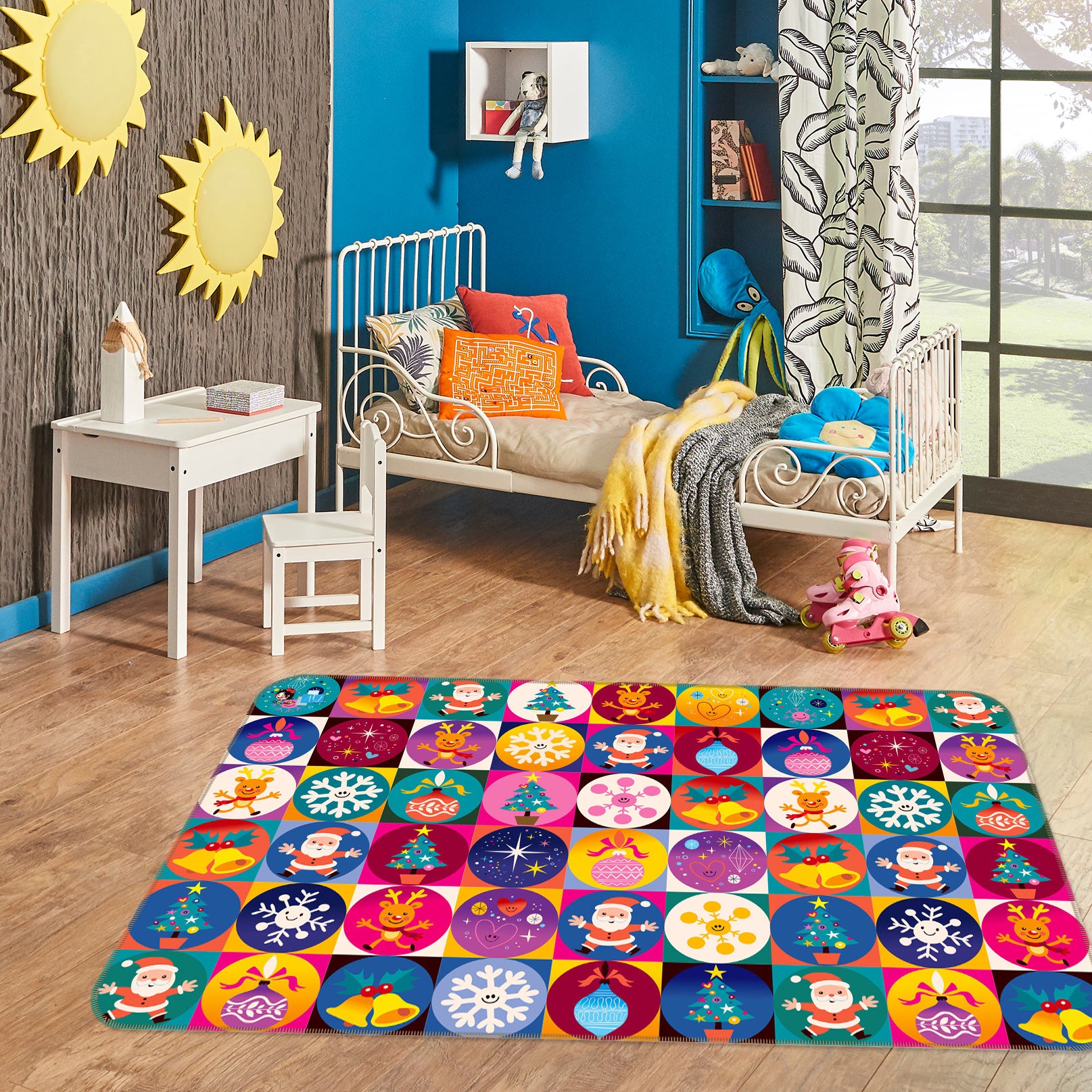 3D Color Circle Snowflake Bell Pattern 56114 Christmas Non Slip Rug Mat Xmas