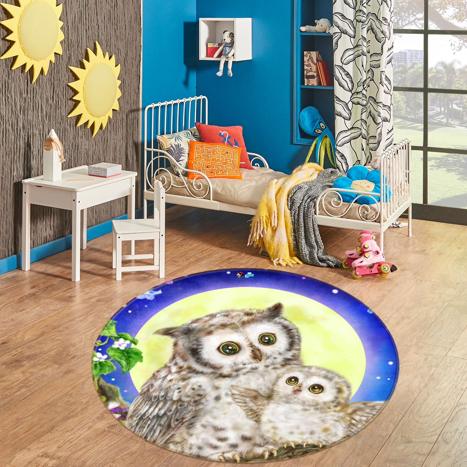 3D Moon Owl Flower 6040 Kayomi Harai Rug Round Non Slip Rug Mat