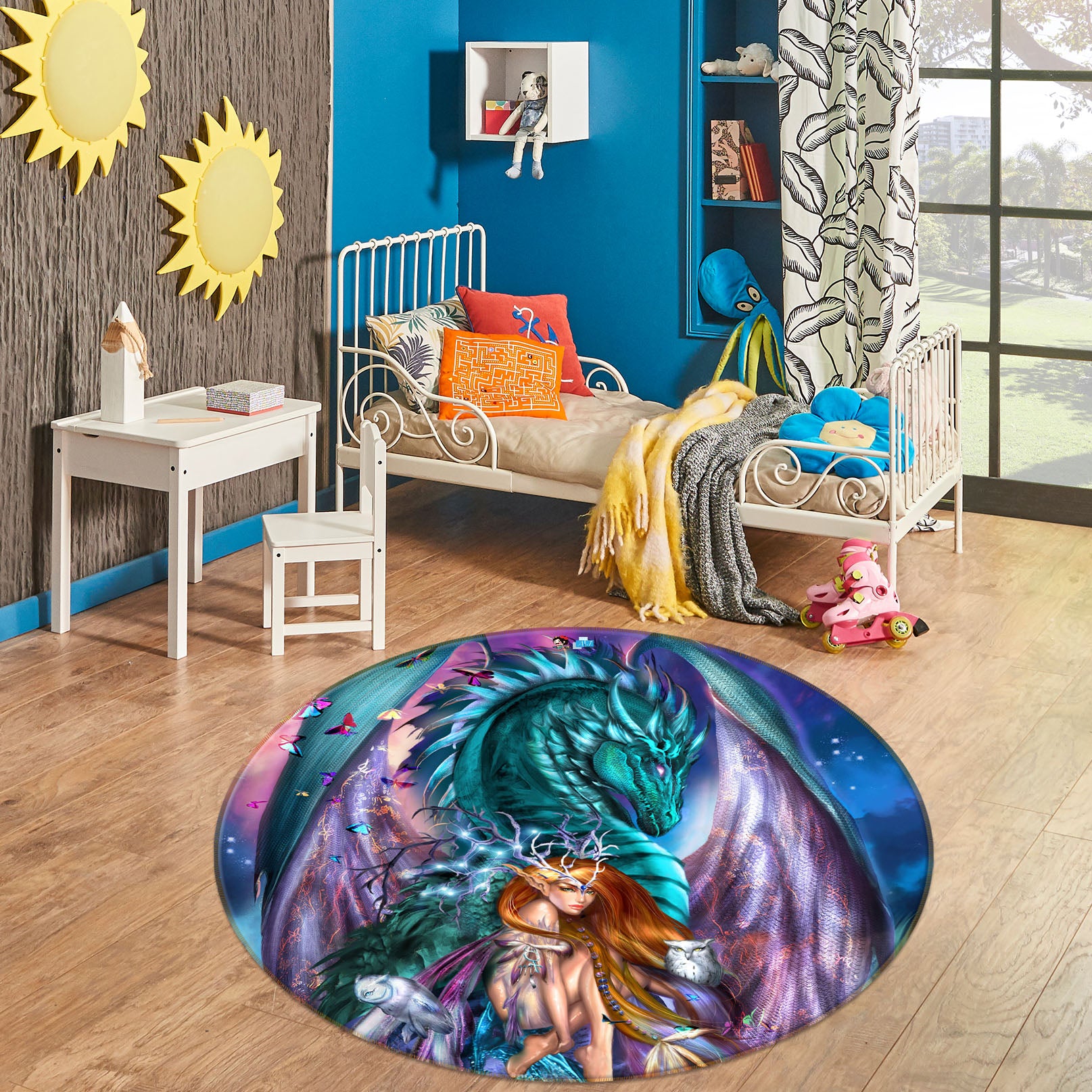 3D Butterfly Dragon Girl 8395 Ruth Thompson Rug Round Non Slip Rug Mat
