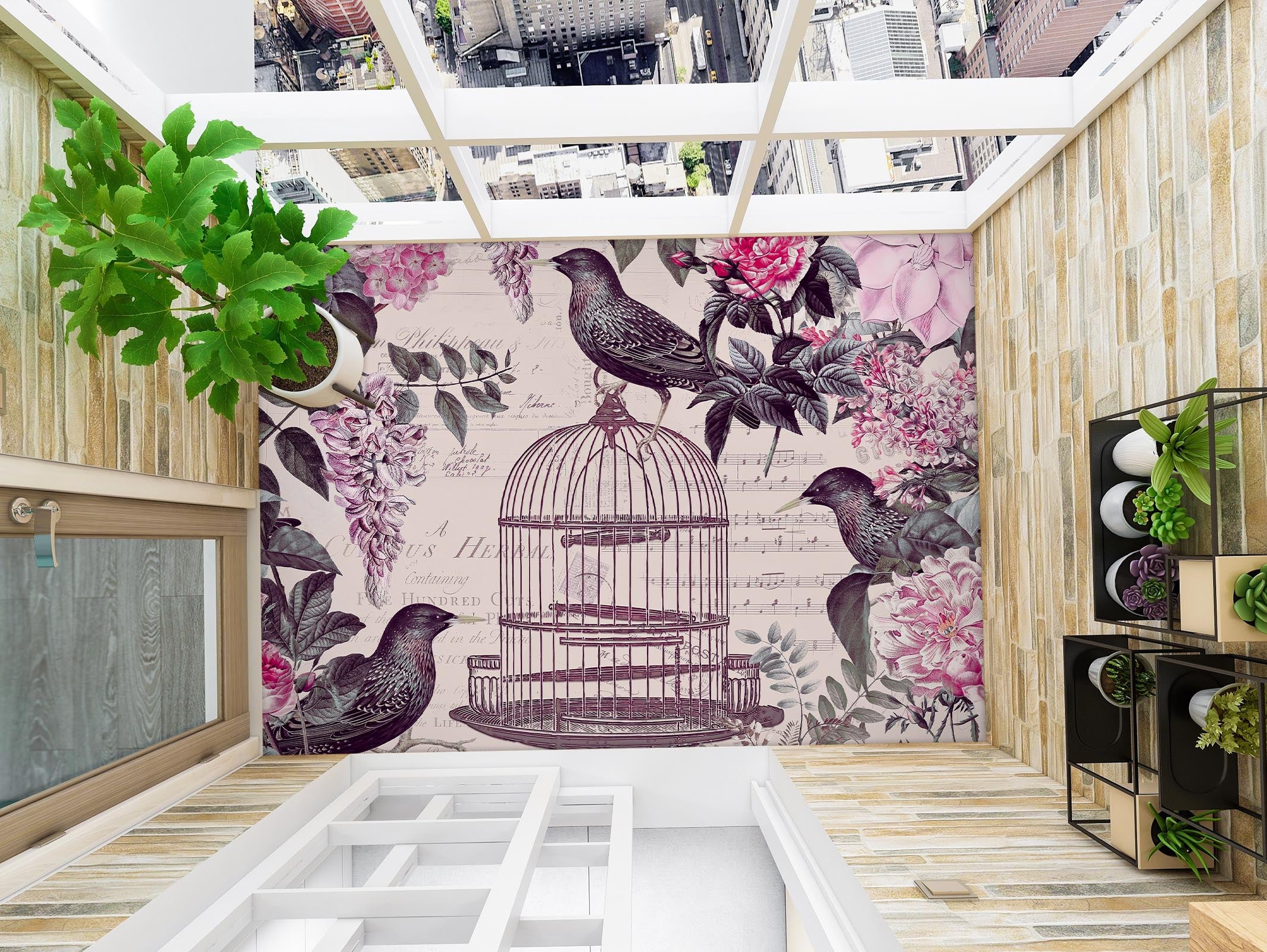 3D Birdcage Pink Flower Bush 140134 Andrea Haase Floor Mural Wallpaper Murals Self-Adhesive Removable Print Epoxy