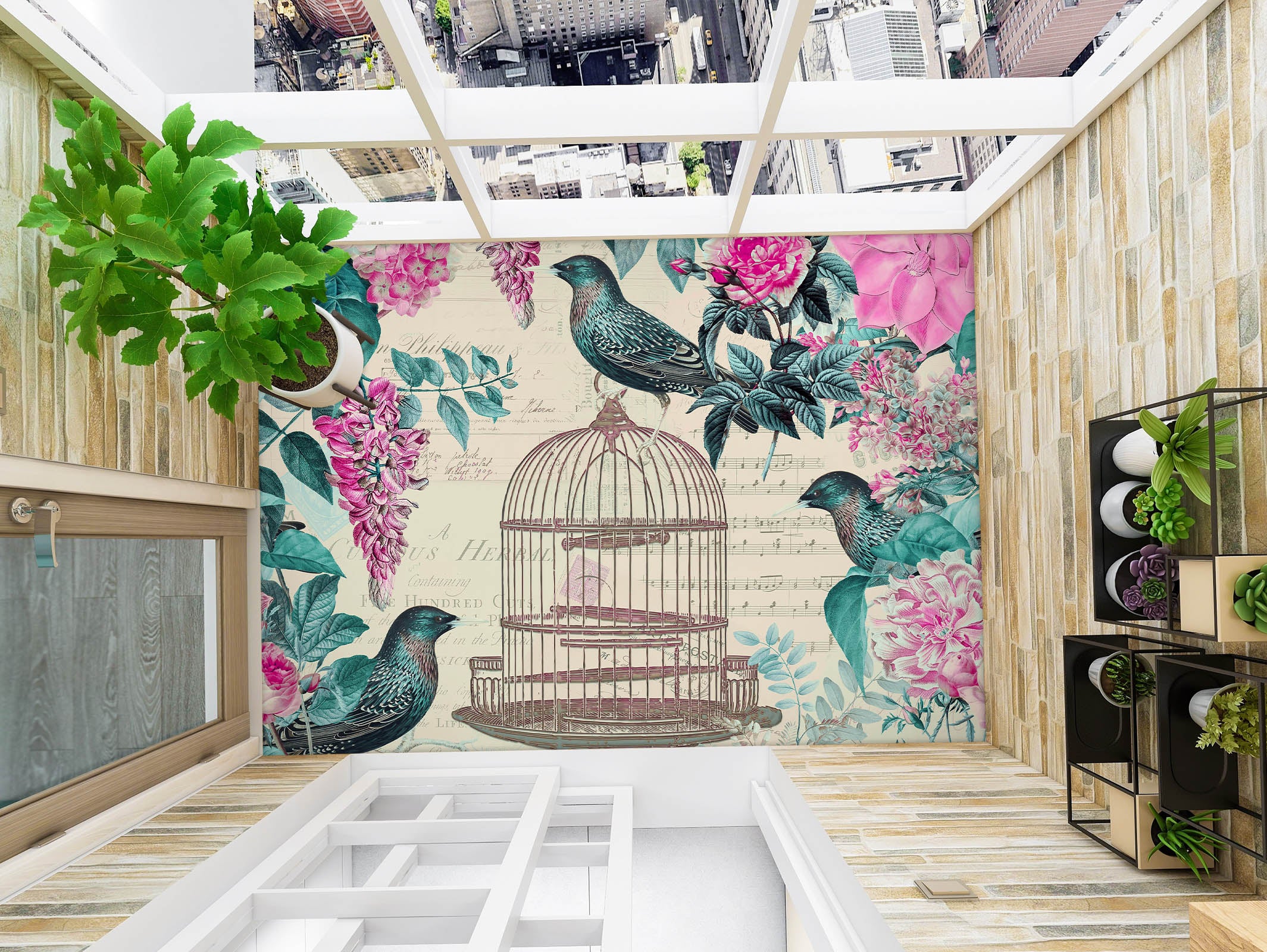 3D Birdcage Bird Flower Bush 140133 Andrea Haase Floor Mural Wallpaper Murals Self-Adhesive Removable Print Epoxy