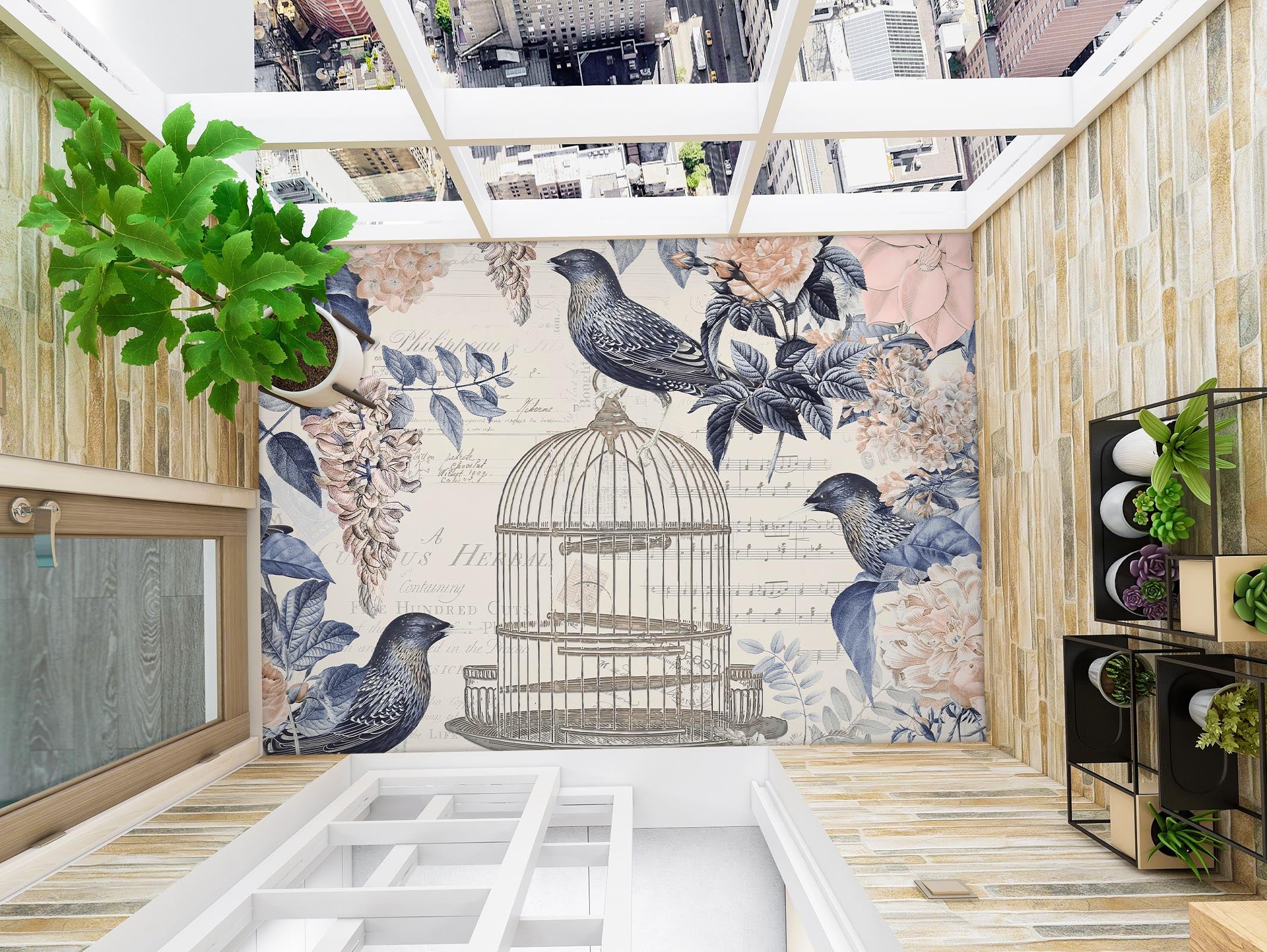 3D Birdcage Flowers 140135 Andrea Haase Floor Mural Wallpaper Murals Self-Adhesive Removable Print Epoxy