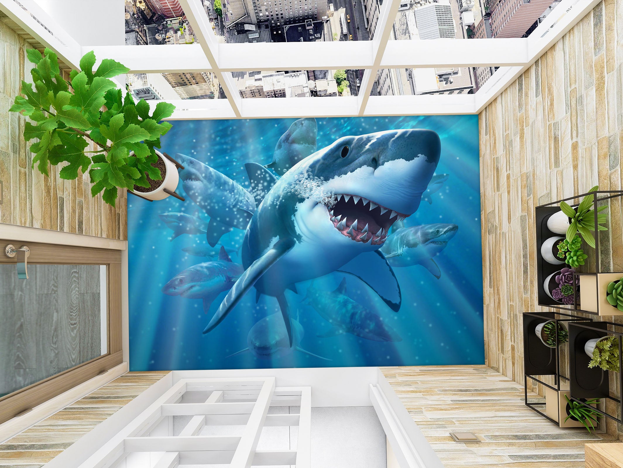 3D Ocean Shark 96221 Jerry LoFaro Floor Mural Wallpaper Murals Self-Adhesive Removable Print Epoxy