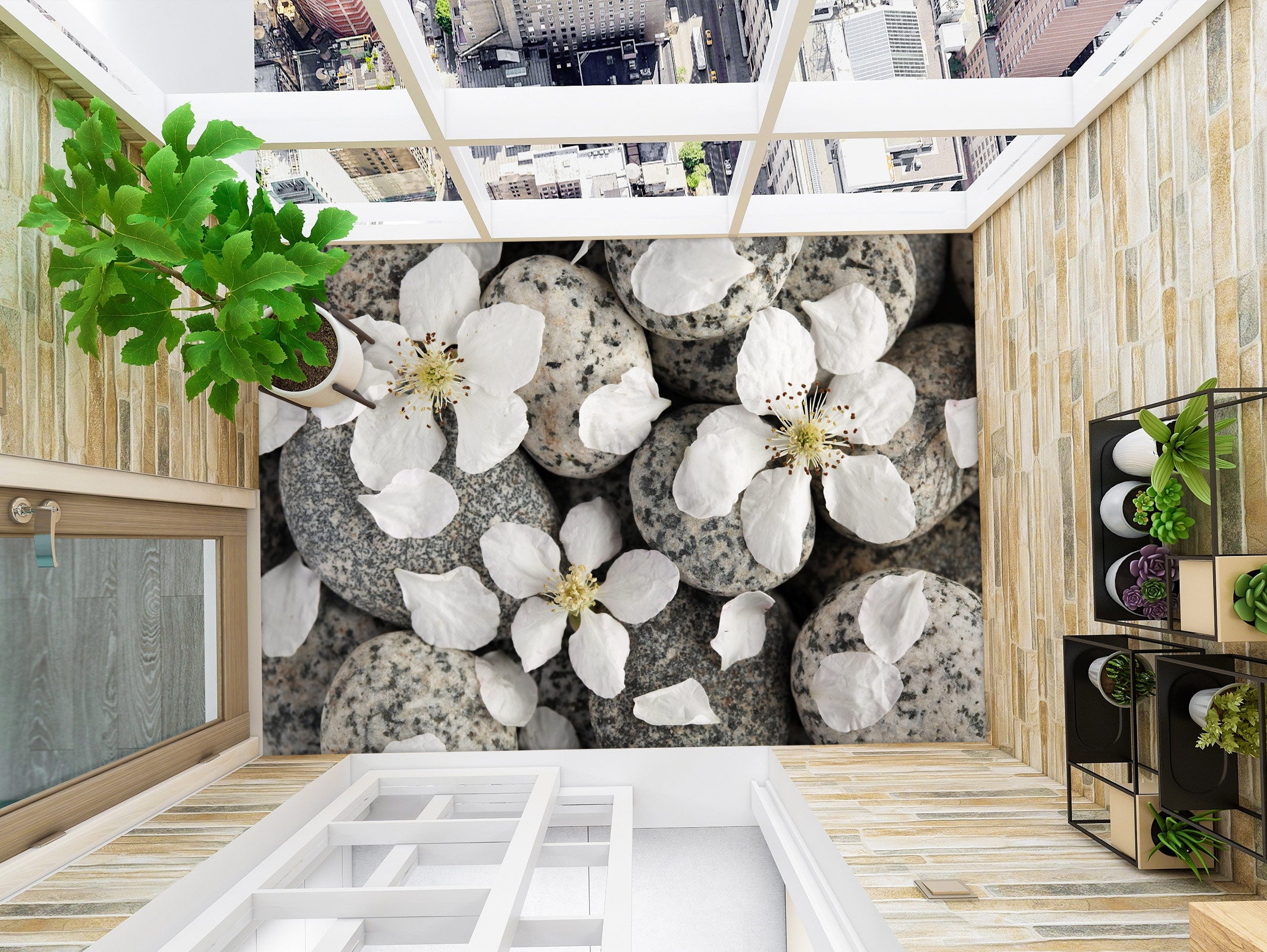 3D Pebbles And White Petals 1007 Floor Mural Wallpaper Murals Self-Adhesive Removable Print Epoxy