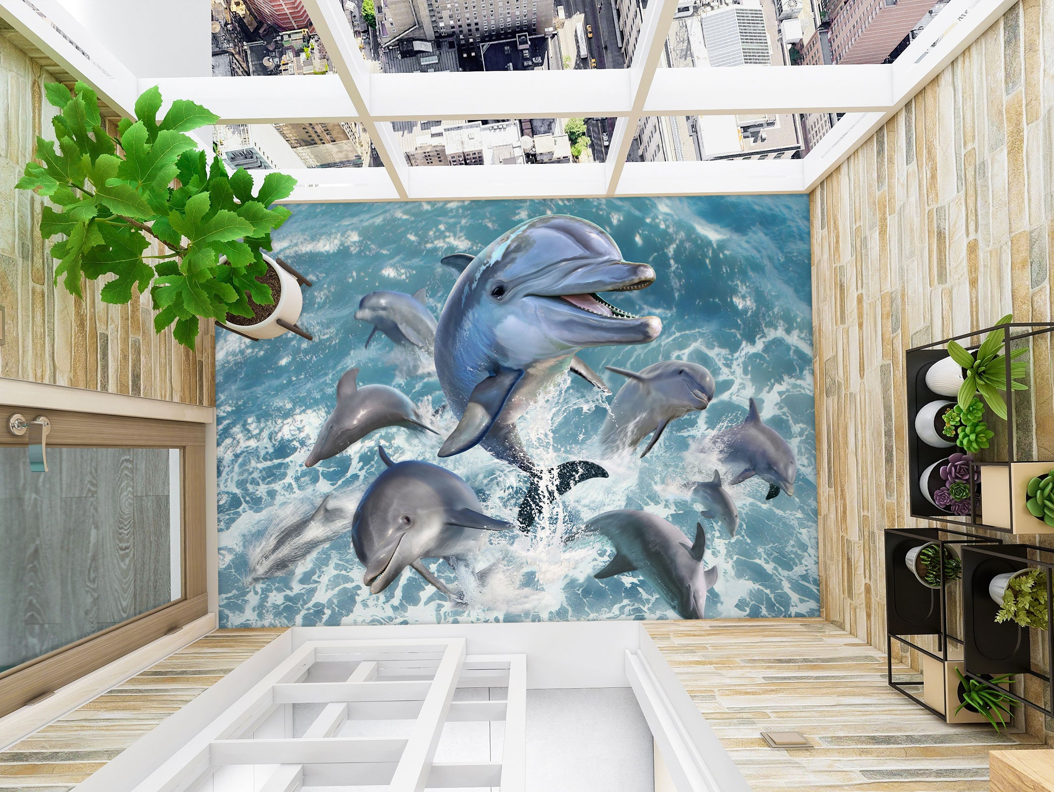 3D Dolphin Jumping Waves 96218 Jerry LoFaro Floor Mural Wallpaper Murals Self-Adhesive Removable Print Epoxy