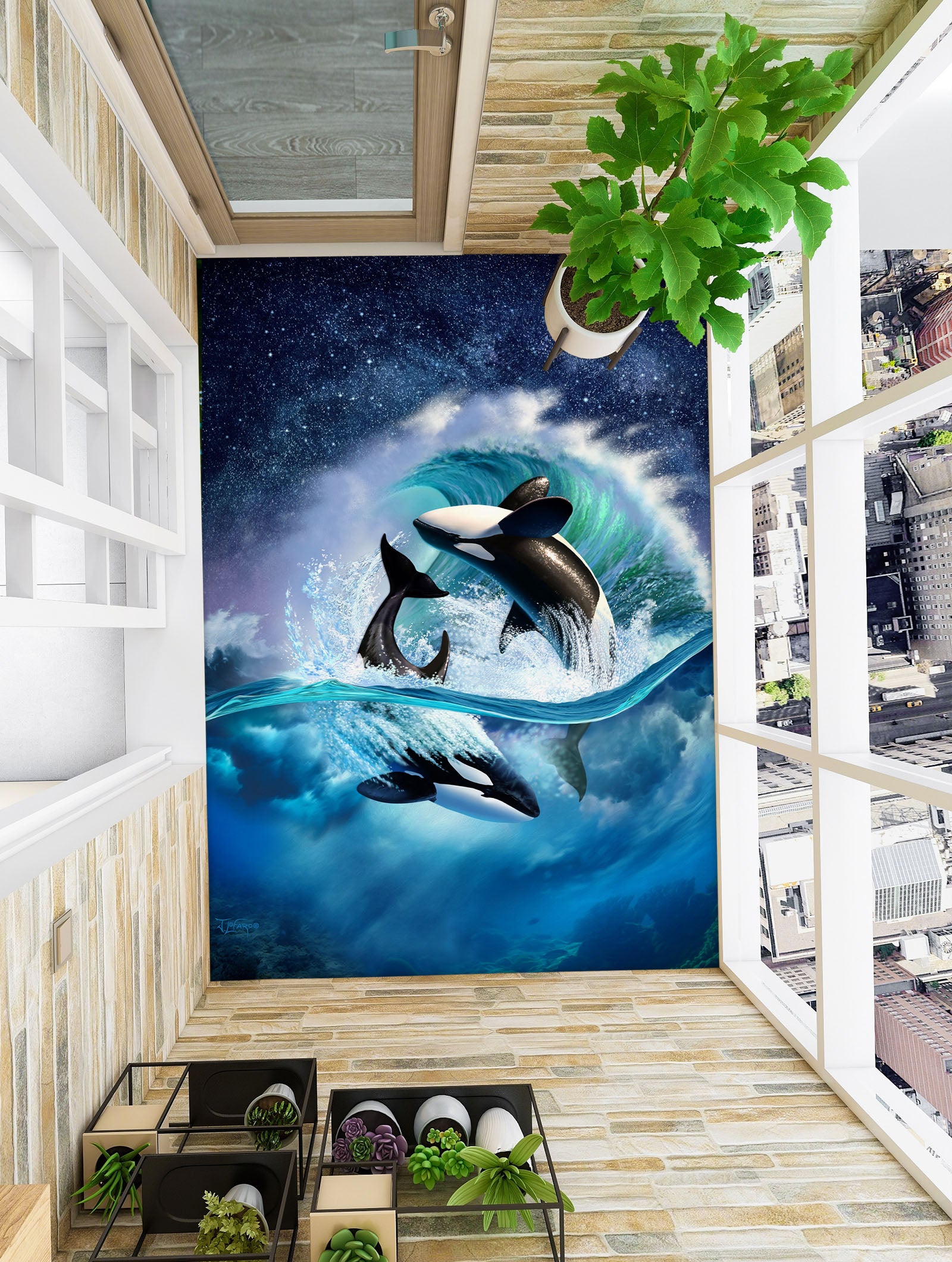 3D Whale Waves 96223 Jerry LoFaro Floor Mural Wallpaper Murals Self-Adhesive Removable Print Epoxy