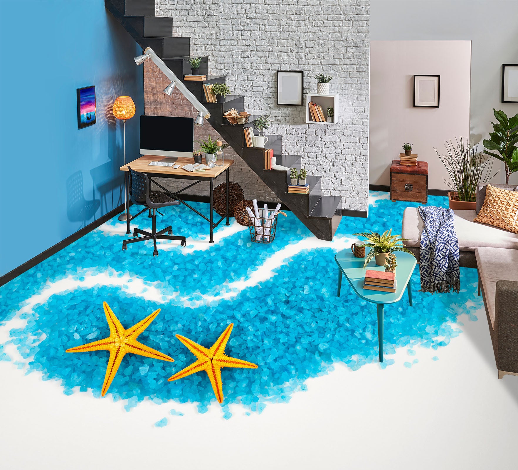 3D Two Yellow Starfish 024 Floor Mural Wallpaper Murals Rug & Mat Print Epoxy waterproof bath floor