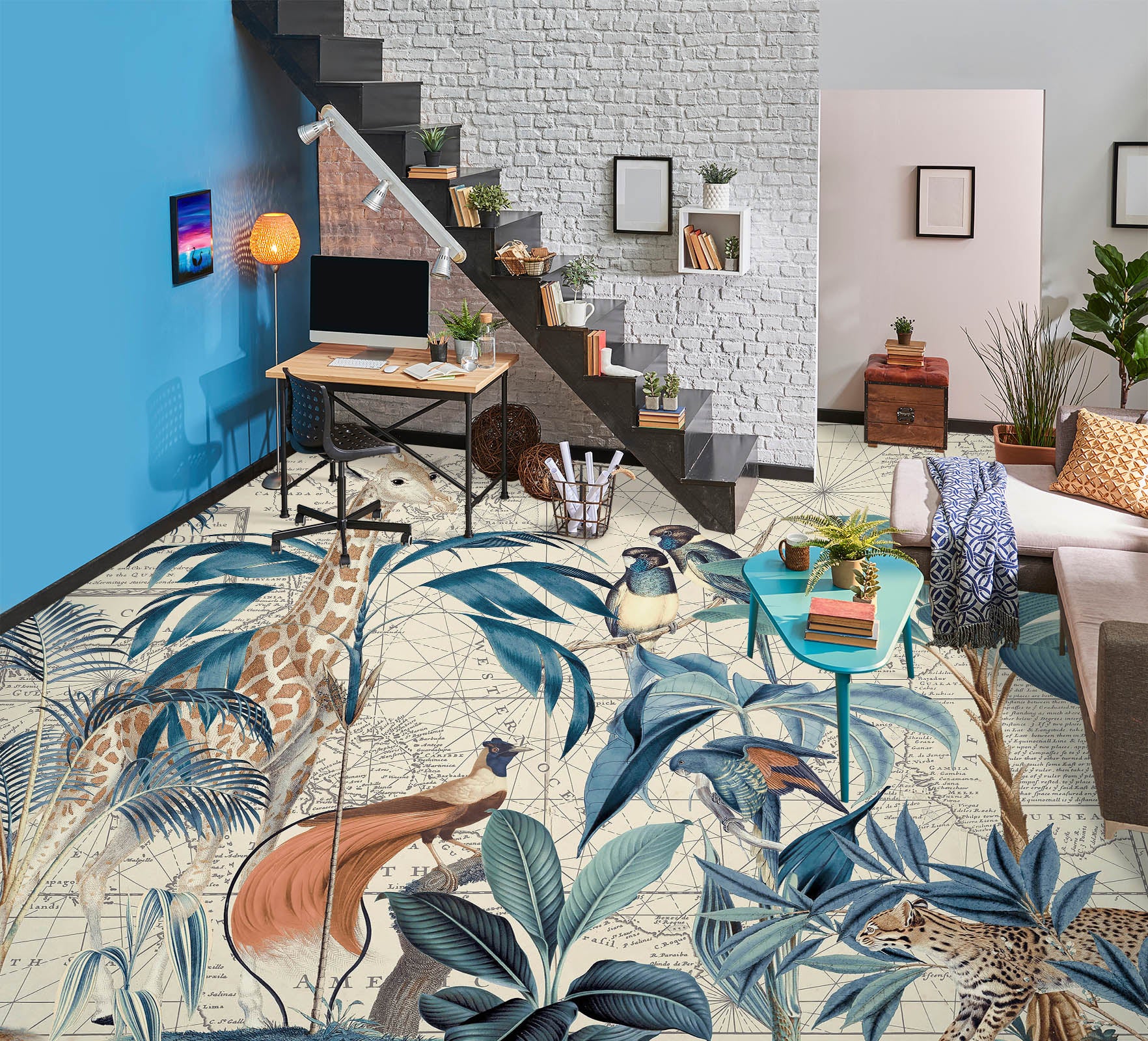 3D Giraffe Bird Jungle 104175 Andrea Haase Floor Mural Wallpaper Murals Self-Adhesive Removable Print Epoxy