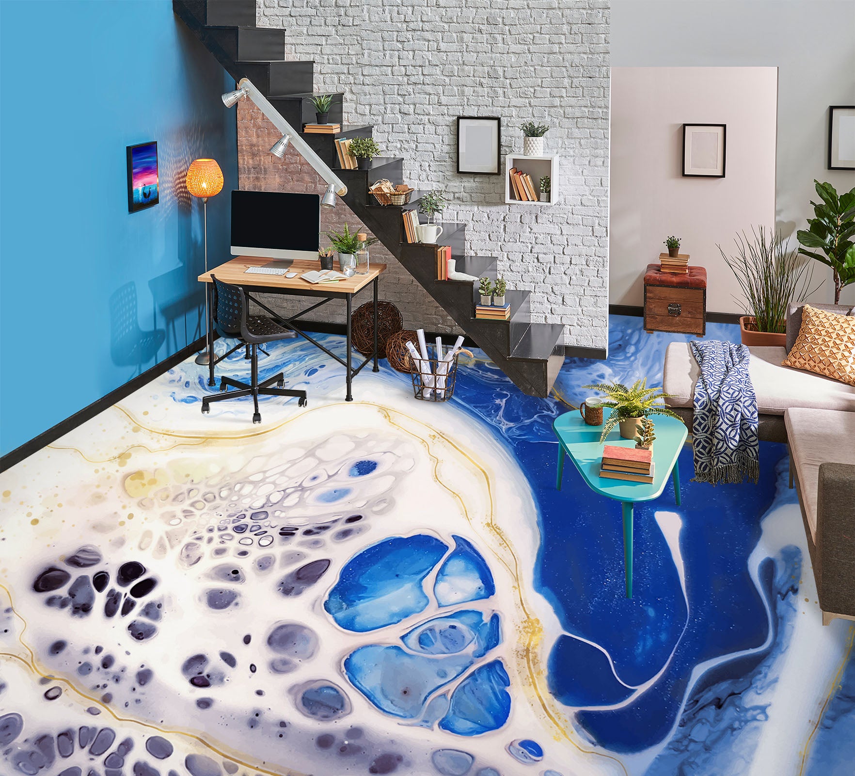 3D Blue And White Art 909 Floor Mural Wallpaper Murals Rug & Mat Print Epoxy waterproof bath floor
