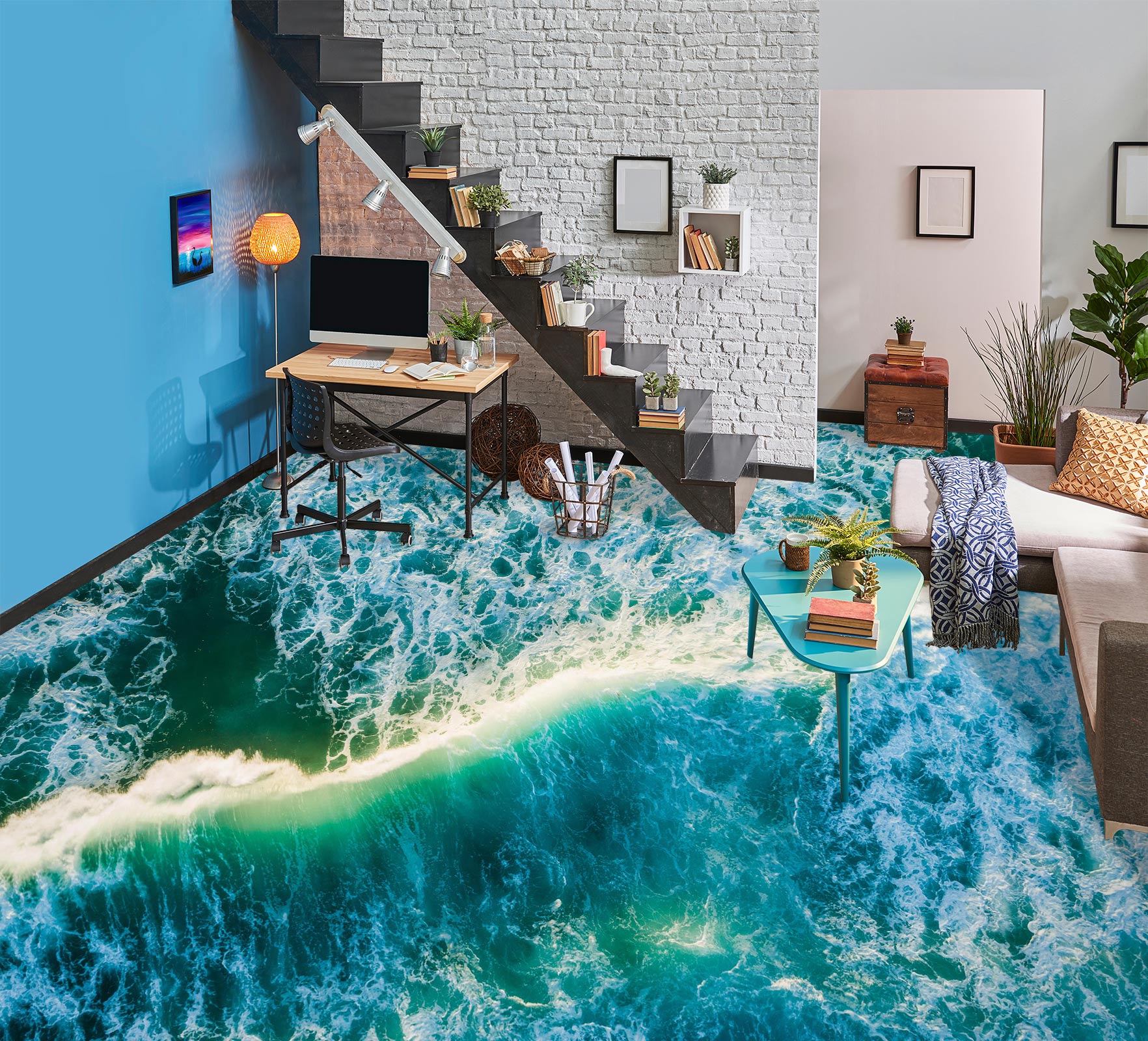 3D Yellow Wave Dividing Line 167 Floor Mural Wallpaper Murals Rug & Mat Print Epoxy waterproof bath floor