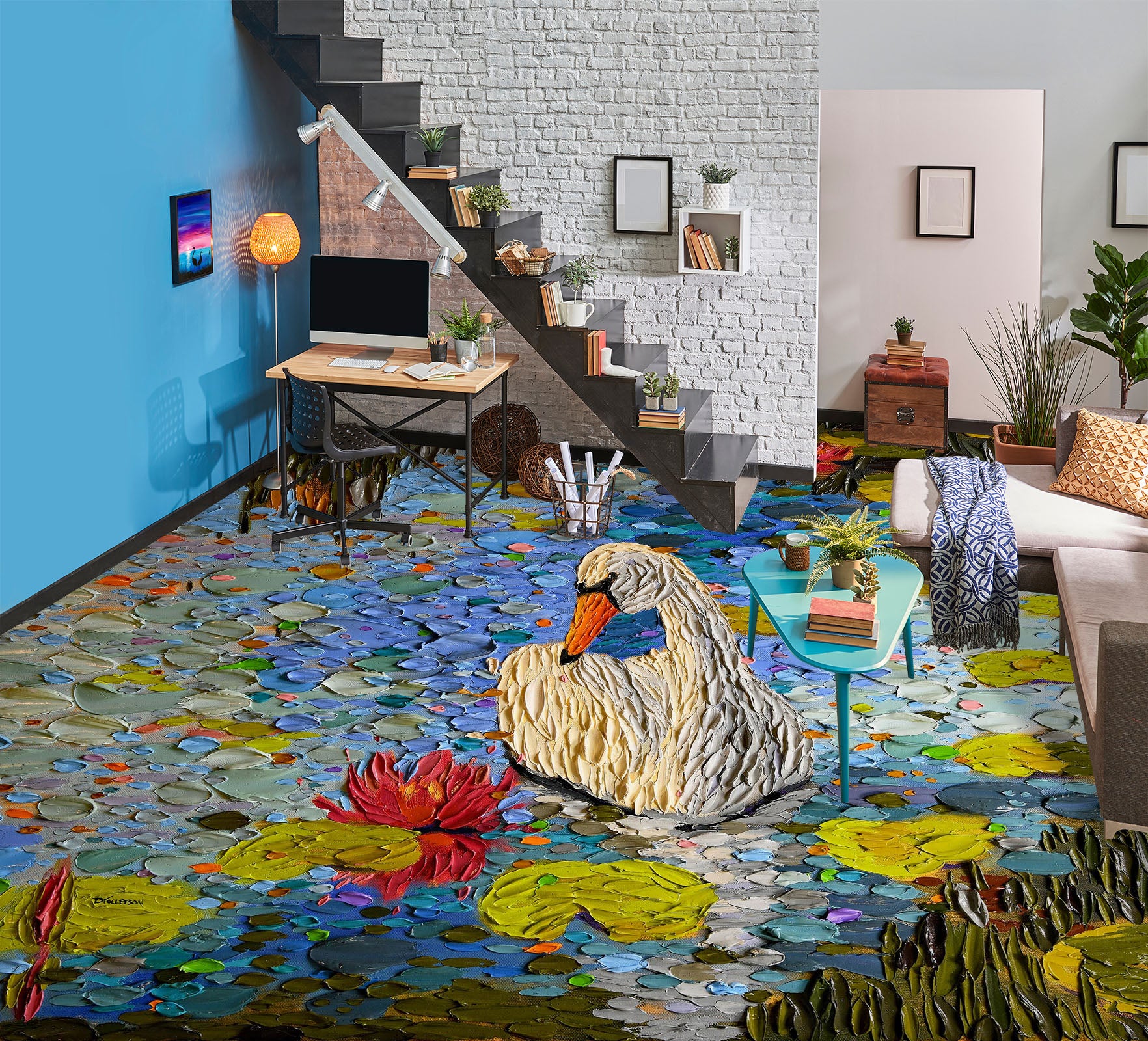 3D Swan Lotus Lake 102168 Dena Tollefson Floor Mural Wallpaper Murals Self-Adhesive Removable Print Epoxy