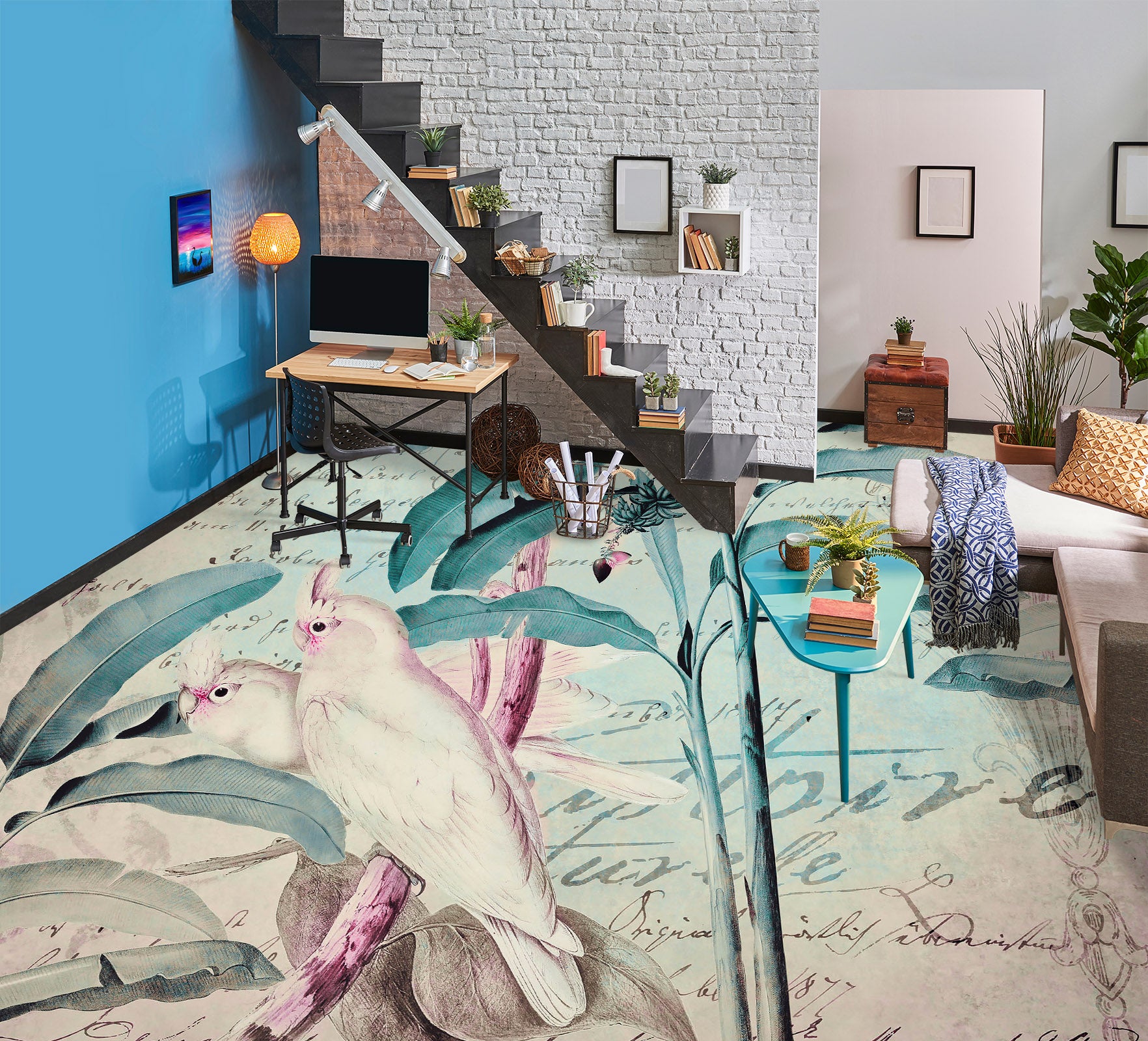 3D Leaves White Parrot 104162 Andrea Haase Floor Mural Wallpaper Murals Self-Adhesive Removable Print Epoxy