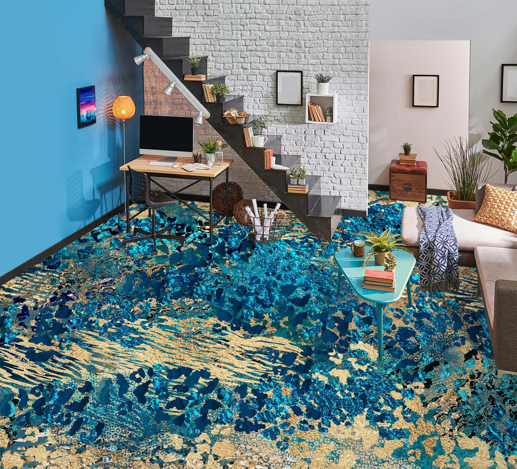 3D Blue Gold Pattern 102144 Andrea Haase Floor Mural Wallpaper Murals Self-Adhesive Removable Print Epoxy