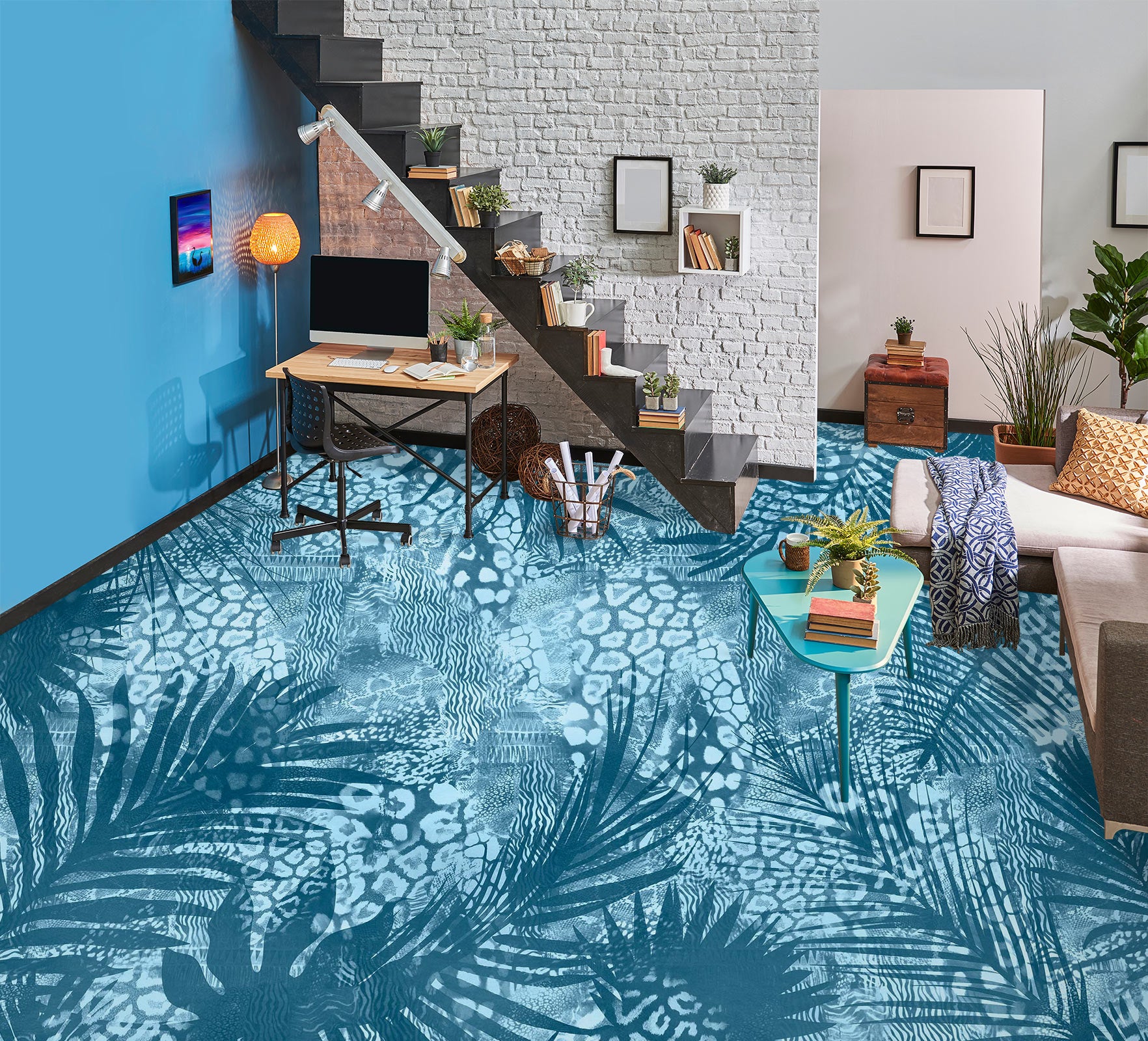 3D Blue Leaves Pattern 102118 Andrea Haase Floor Mural Wallpaper Murals Self-Adhesive Removable Print Epoxy