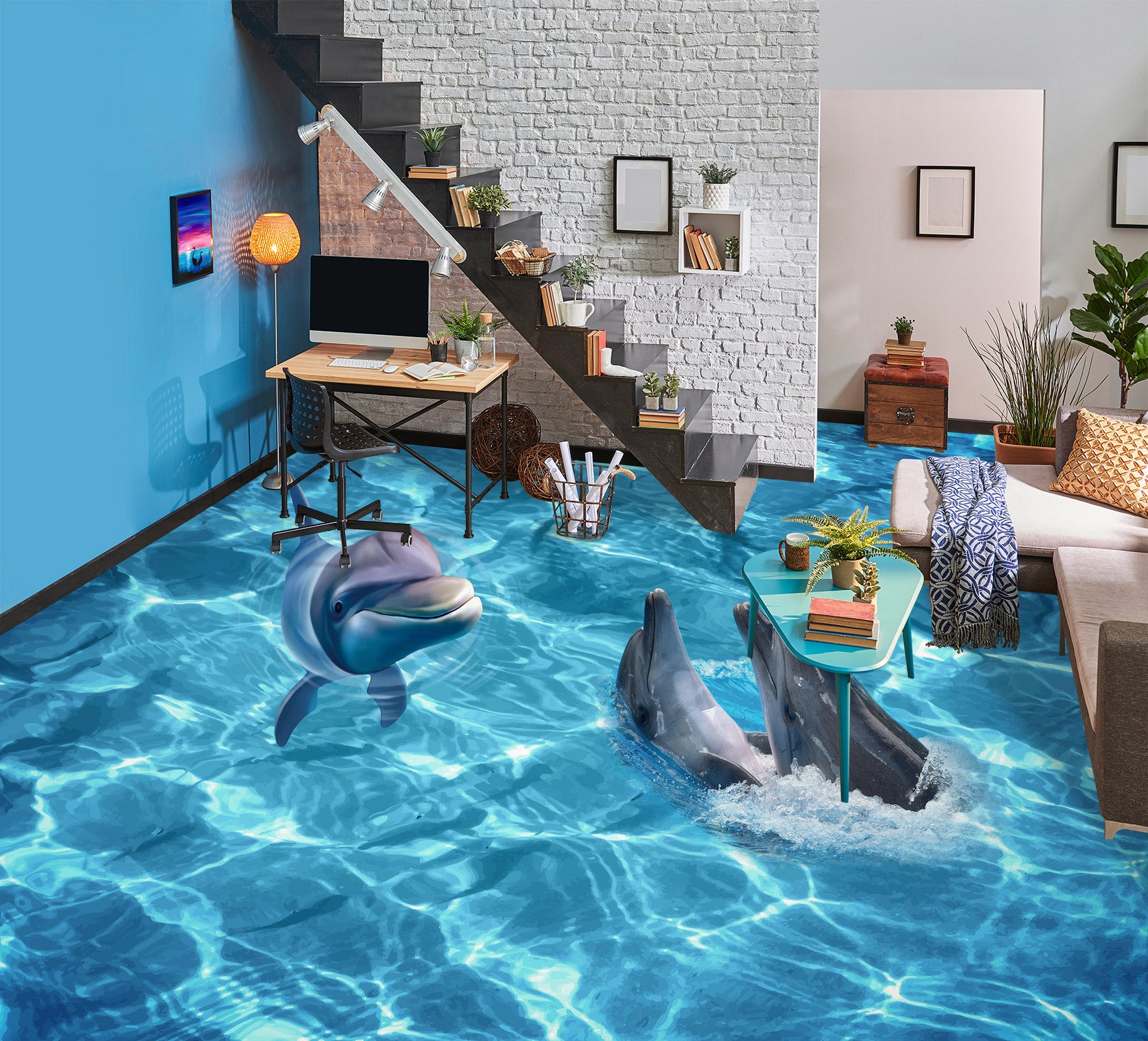 3D Encounter Of Dolphins 1333 Floor Mural Wallpaper Murals Self-Adhesive Removable Print Epoxy