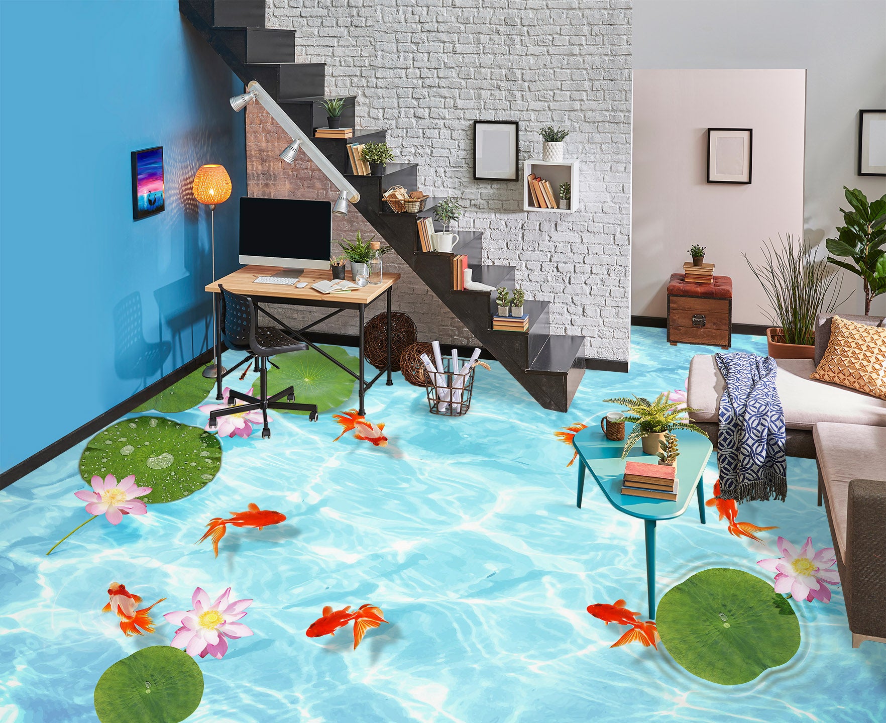 3D Lotus And Goldfish 229 Floor Mural Wallpaper Murals Rug & Mat Print Epoxy waterproof bath floor
