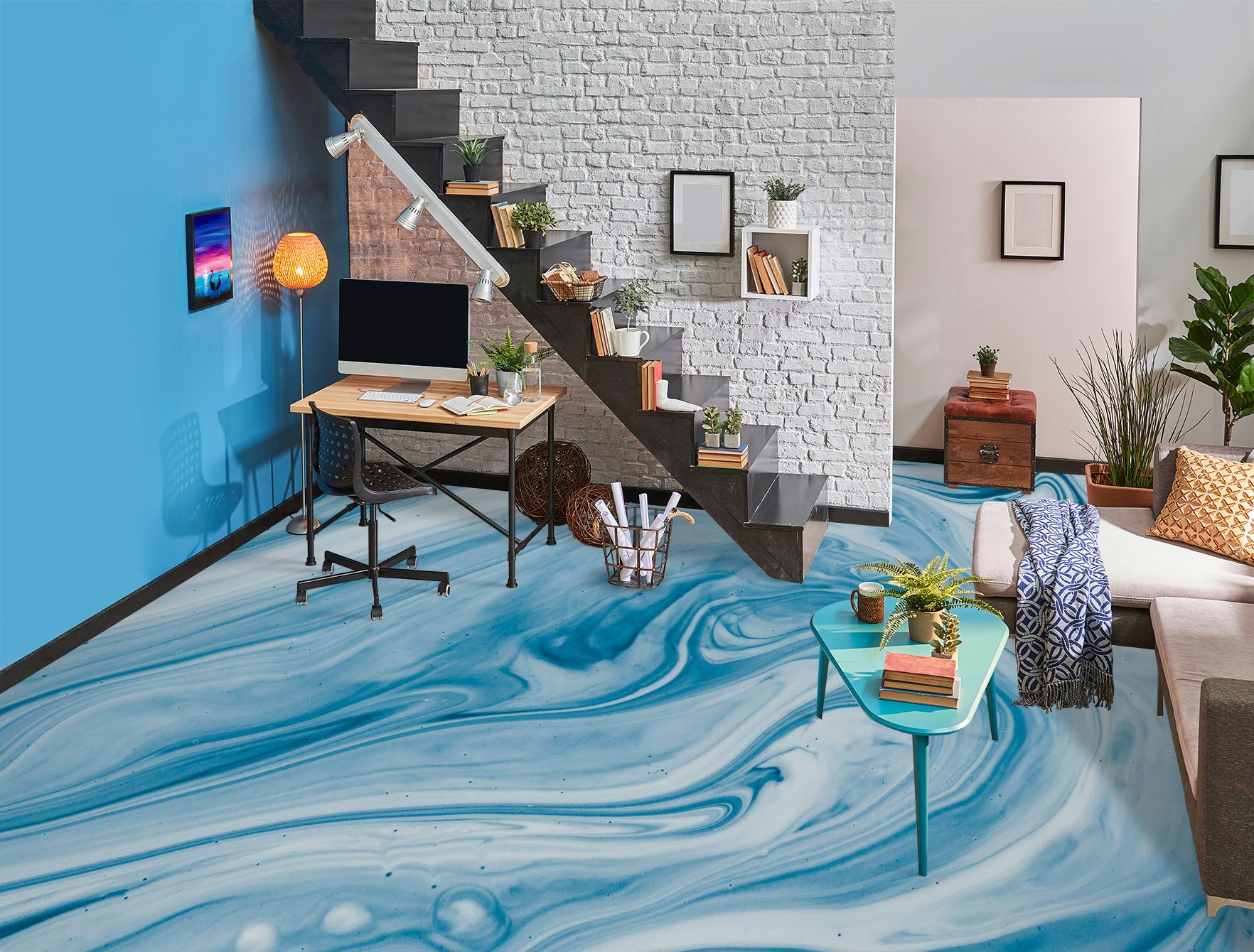 3D Fresh Blue And White 1185 Floor Mural
